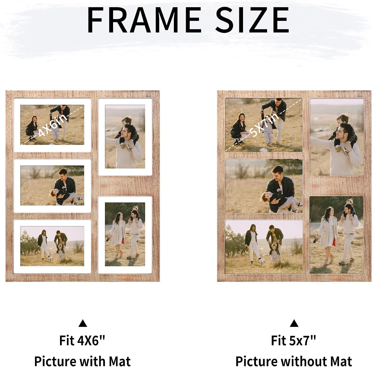 YESKAY 4x6 or 5x7 Picture Frames, Rustic Brown Wooden Frame with Real Glass, Displays Pictures Five 4x6 with Mat or