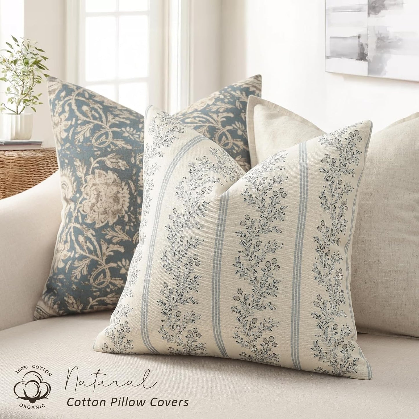 Vintage Throw Pillow Covers / Light Blue / 18 x 18 / Set of 2