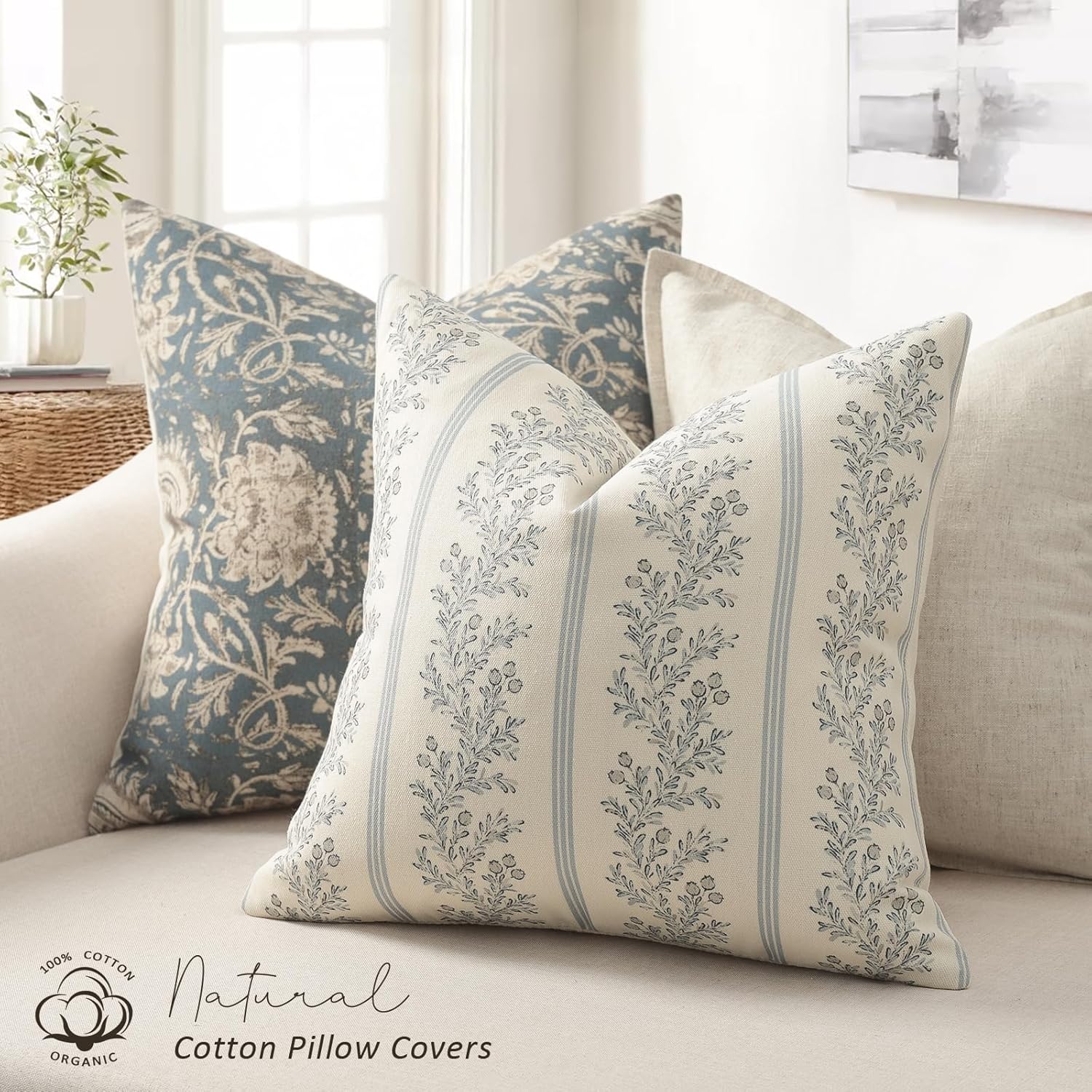 Vintage Throw Pillow Covers / Light Blue / 18 x 18 / Set of 2