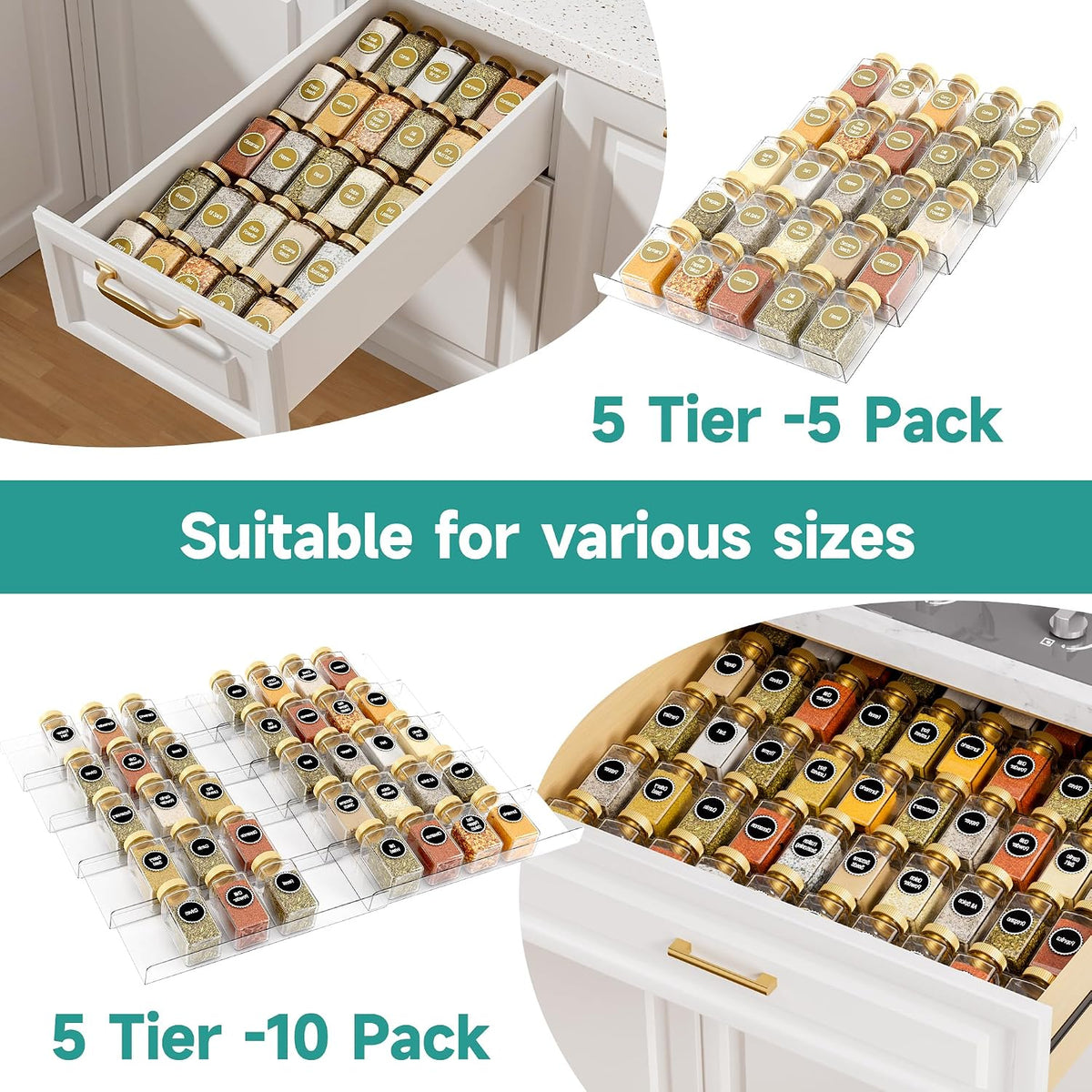 MIUKAA Acrylic Spice Drawer Organizer, 5 Tier - 10 Pack Seasoning Organizer for Drawer, Expandable From 13" to 26"