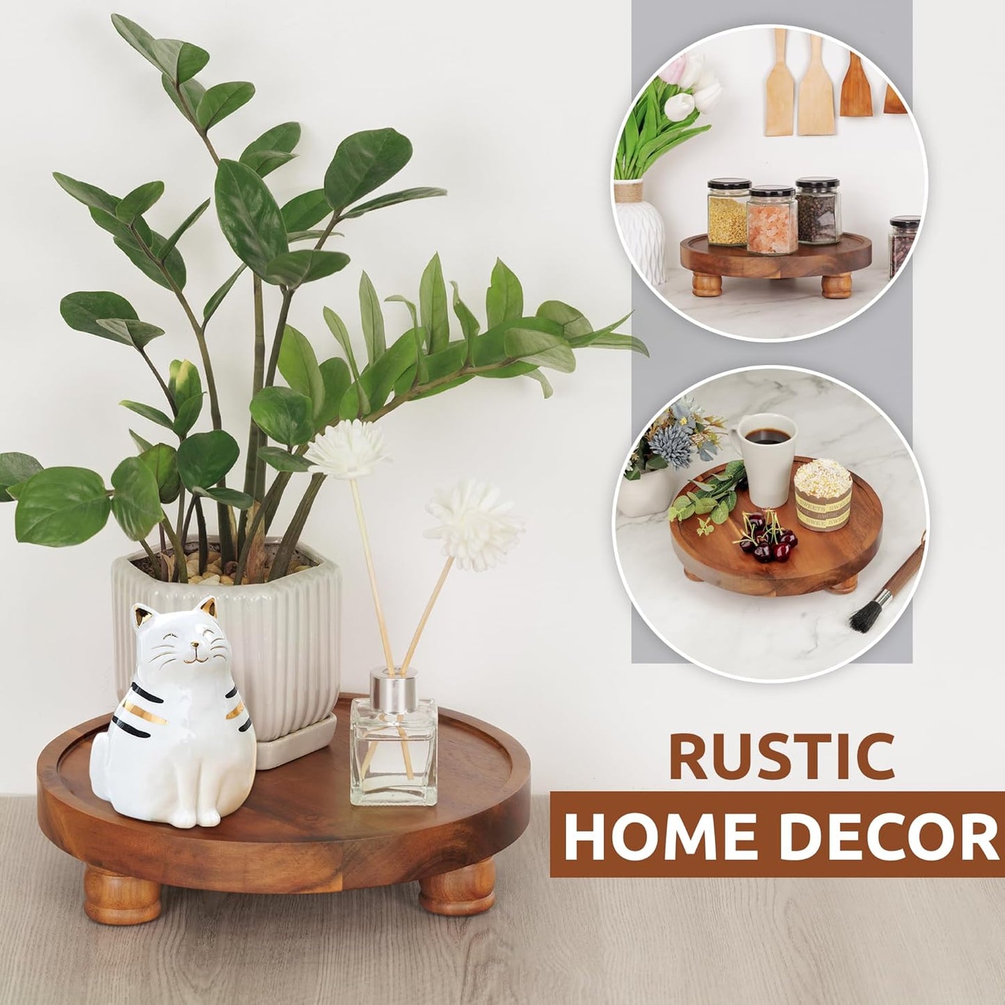 10" Acacia Wood Round Tray / Brown