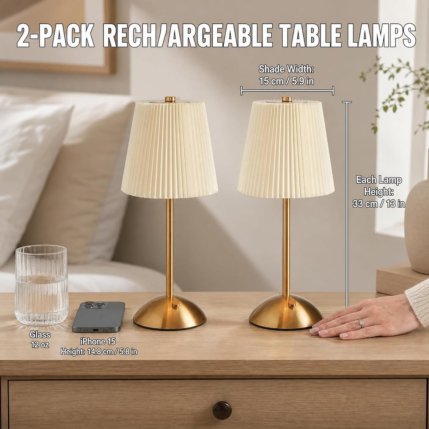 2-Pack Cordless Rechargeable Table Lamp, 3-Color Dimmable Touch Light | 3000mAh Battery Operated, Beige Fabric Shade