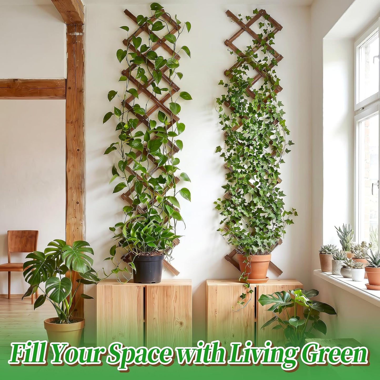 2Pcs 13x78 Expandable Wood Wall Trellis for Climbing Plants Outdoor/Indoor | Thick Wood, Decorative Lattice Panels for