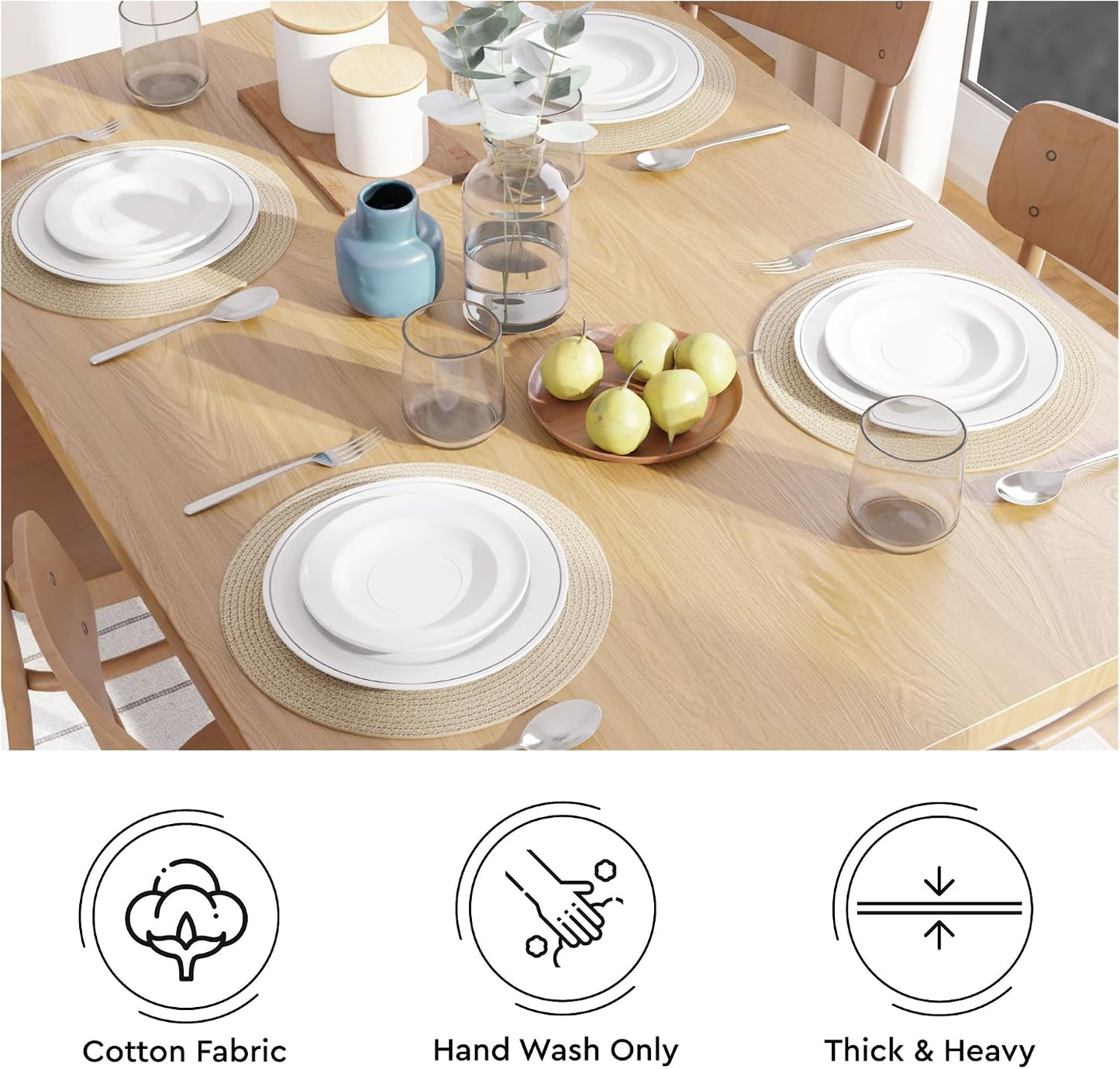 Encasa XO Placemats, Round Cotton Dining Table Mats 13" | Beige, Handcrafted Ribbed Texture | Heat Resistant Trivets