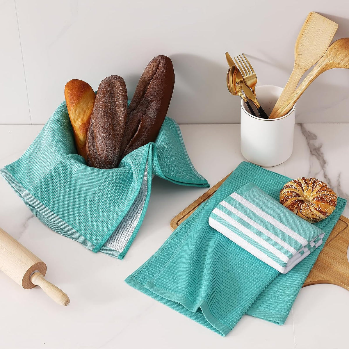 Homaxy Cotton 380 GSM Premium Kitchen Towels, 18"x 28", 9 Pack, Teal | Soft and Absorbent Terry Dish Towels