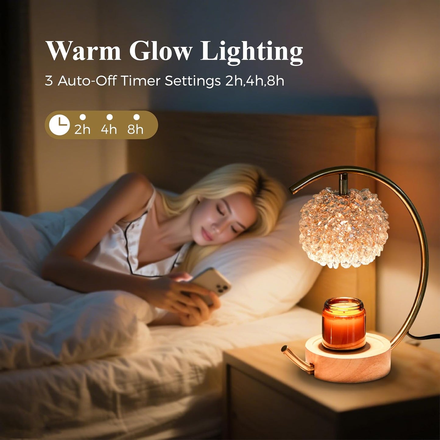 Yeuslor Gold Candle Warmer Lamp for Jar Candles with Adjustable Brightness＆Timer，Handcrafted Crystal＆Wooden Base