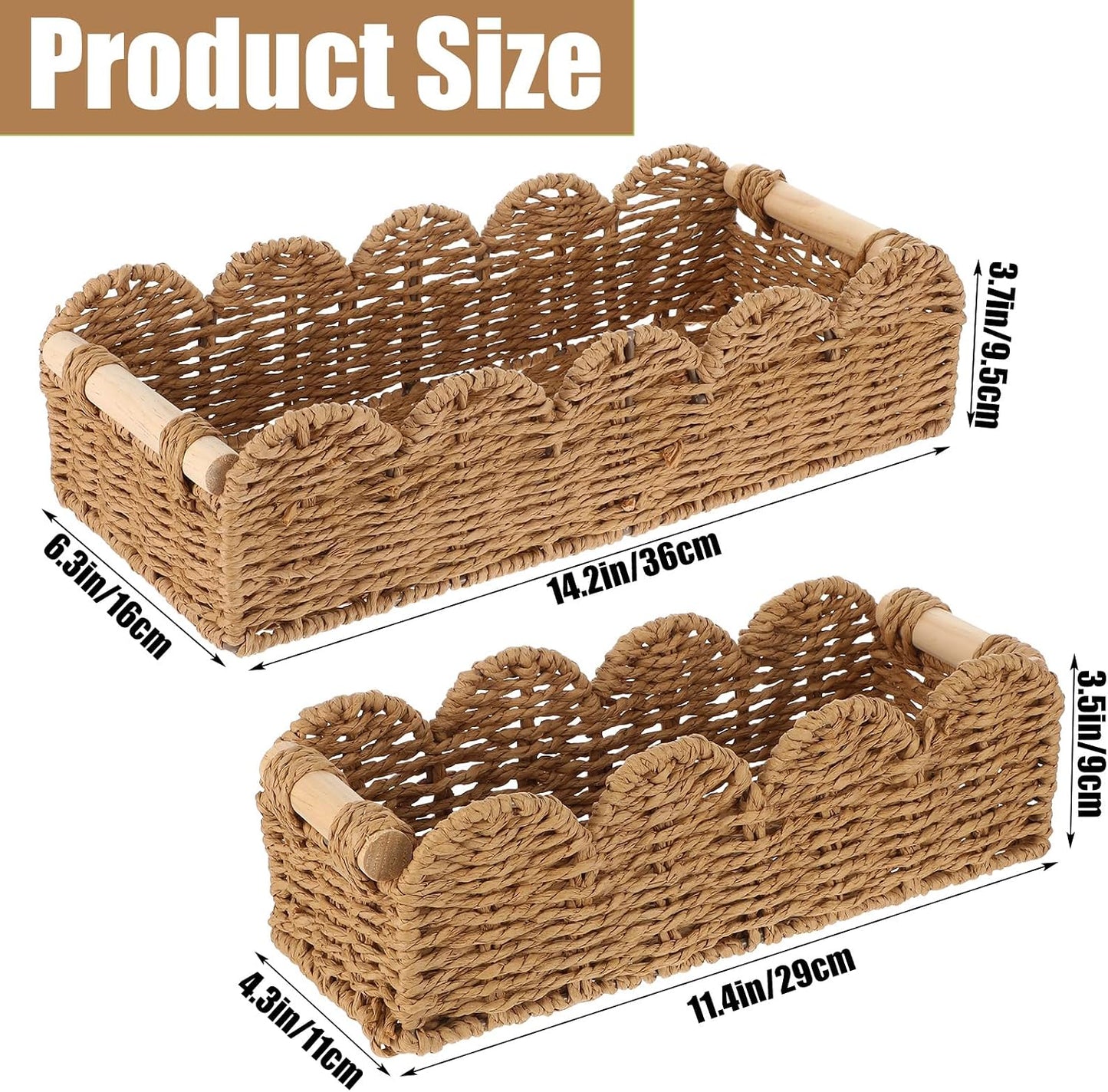 Scalloped Edge Paper Rope Wicker Basket for Over Toilet Tank Top / Beige / Set of 2