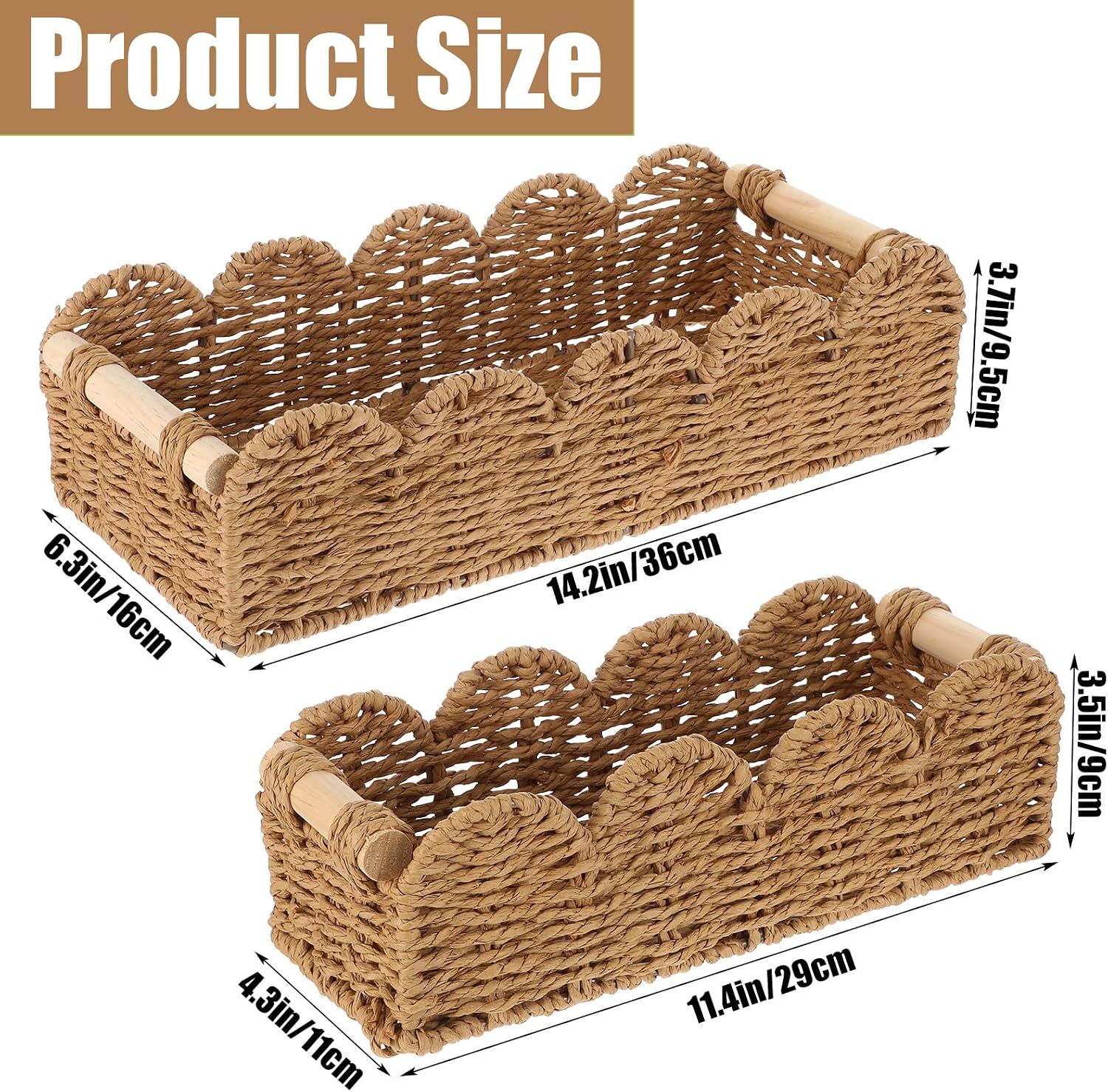 Scalloped Edge Paper Rope Wicker Basket for Over Toilet Tank Top / Beige / Set of 2