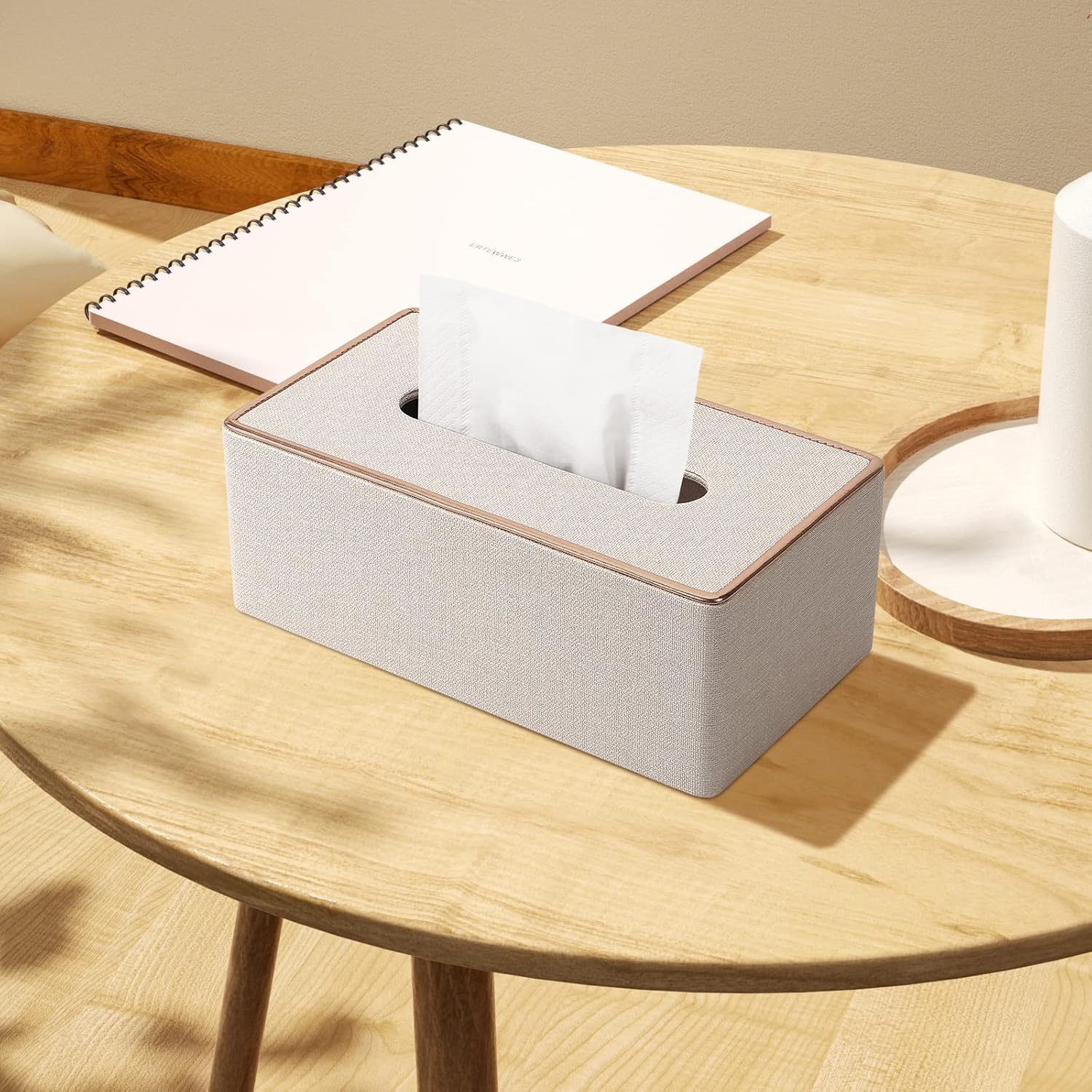 Tissue Box Cover / Beige / Gold Edge PU Leather