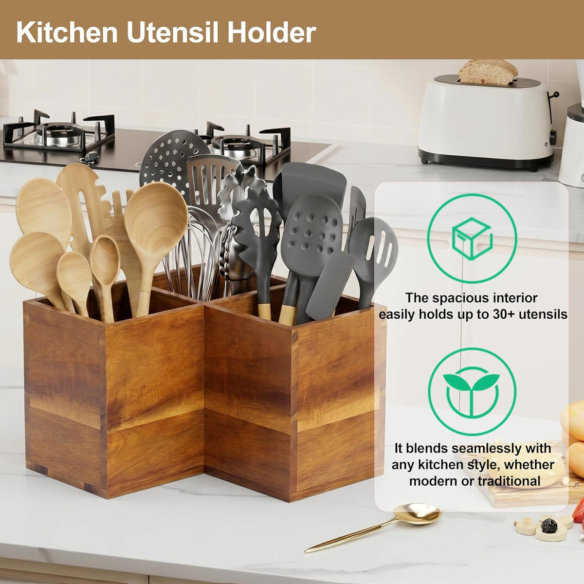 ZUJJAFY Utensil Holder, Corner Utensil Holder for Kitchen Counter, Acacia Wood Kitchen Utensil Holder for Countertop