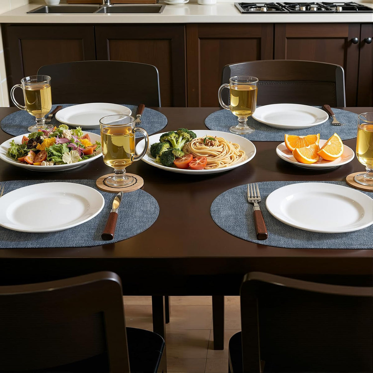 Placemats Set of 6, 11.8 x 17 Inch, Blue | Heat Resistant Oval Faux Leather Place Mats, Waterproof Wipeable Reversible