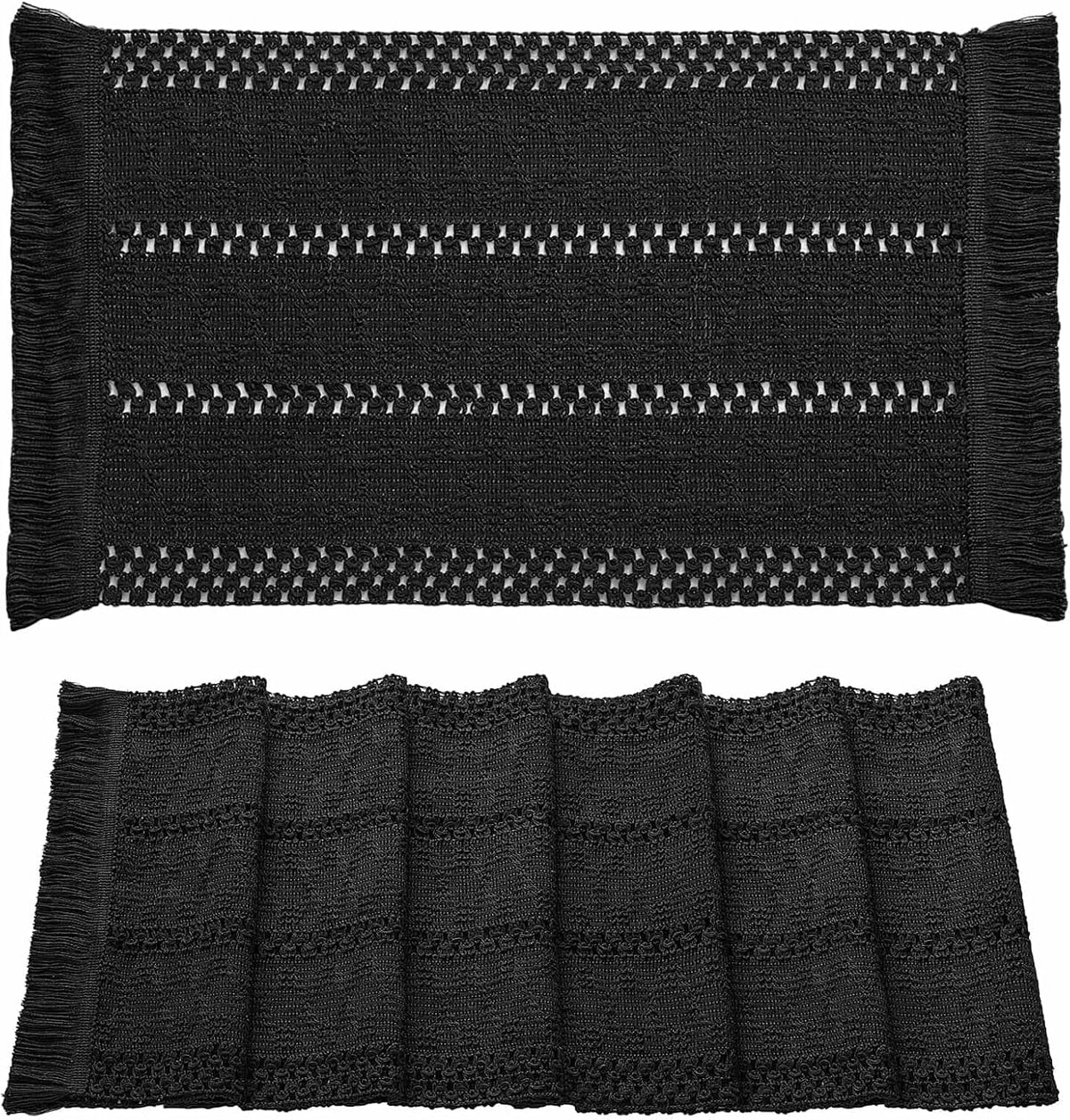 Macrame Style Boho Placemats Set of 6, Black 12x20 Inch | Decorative Farmhouse Table Mats, Natural Cotton Woven Place