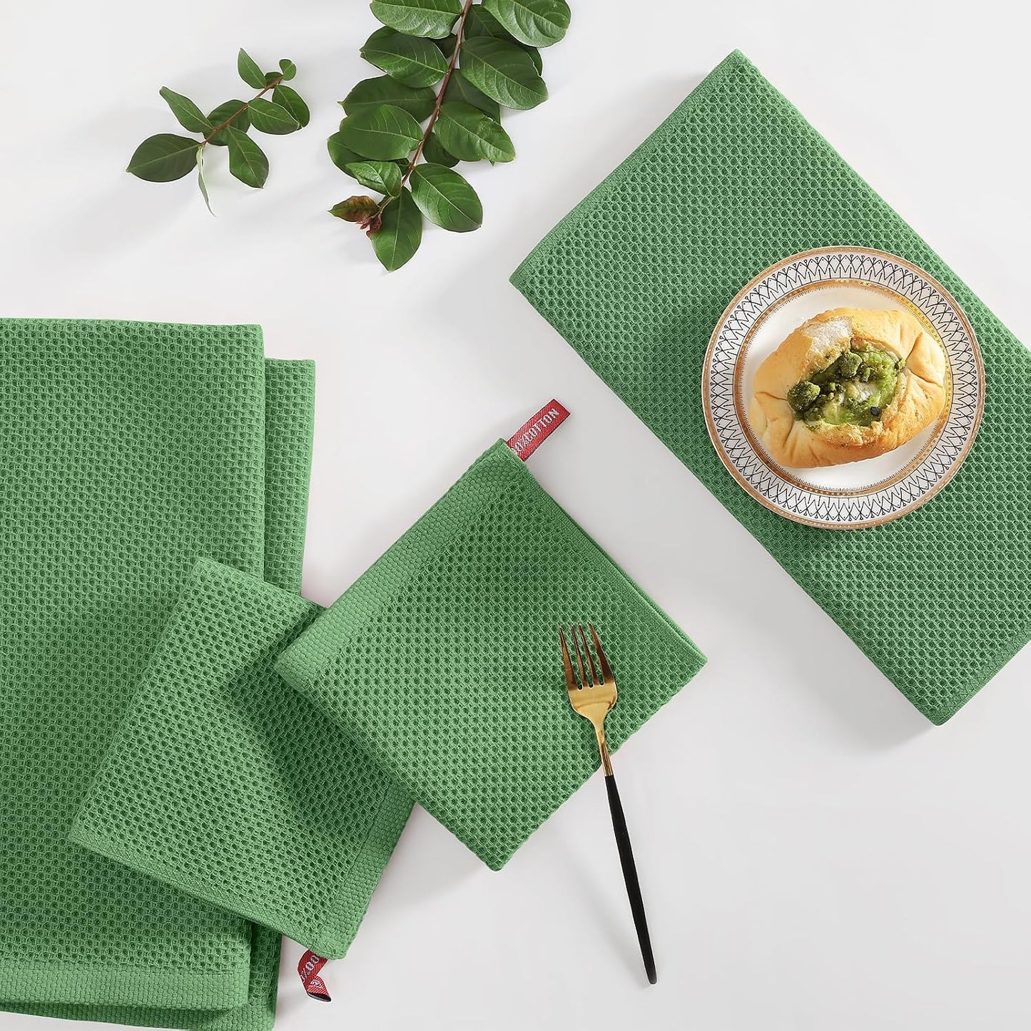 Homaxy 12 Pack 100% Cotton Kitchen Towels and Dishcloths Set, Grass Green | 12 x 12 Inches and 13 x 28 Inches Kitchen