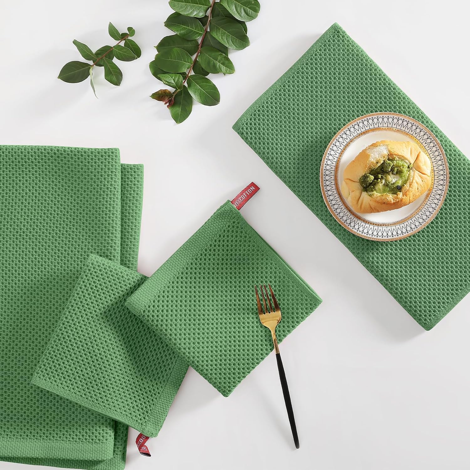 Homaxy 10 Pack 100% Cotton Kitchen Towels and Dishcloths Set, Grass Green | 12 x 12 Inches and 13 x 28 Inches Kitchen