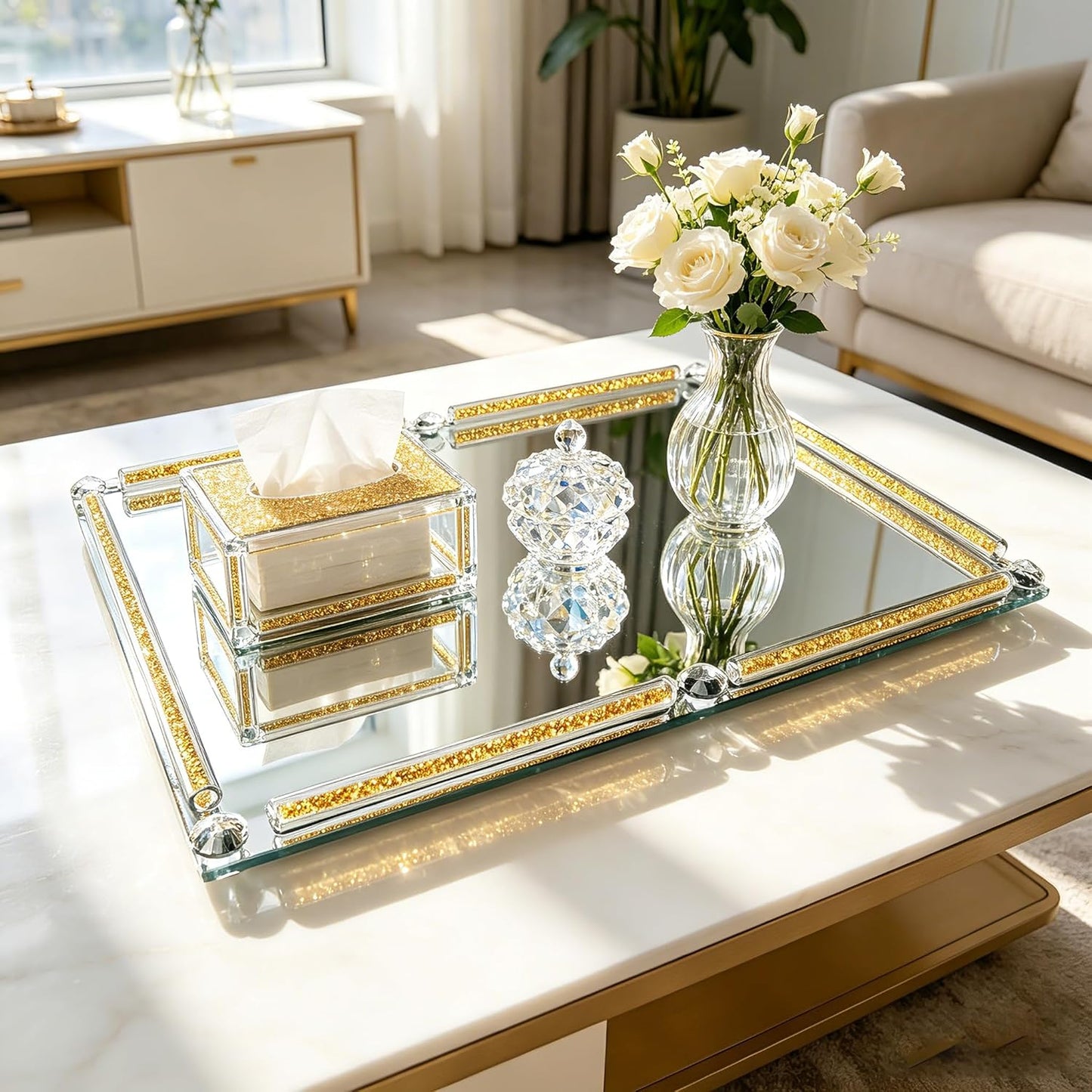 Crushed Diamond Filled Glass Vanity Tray / Gold / 15.7 x 11.8 x 1.4