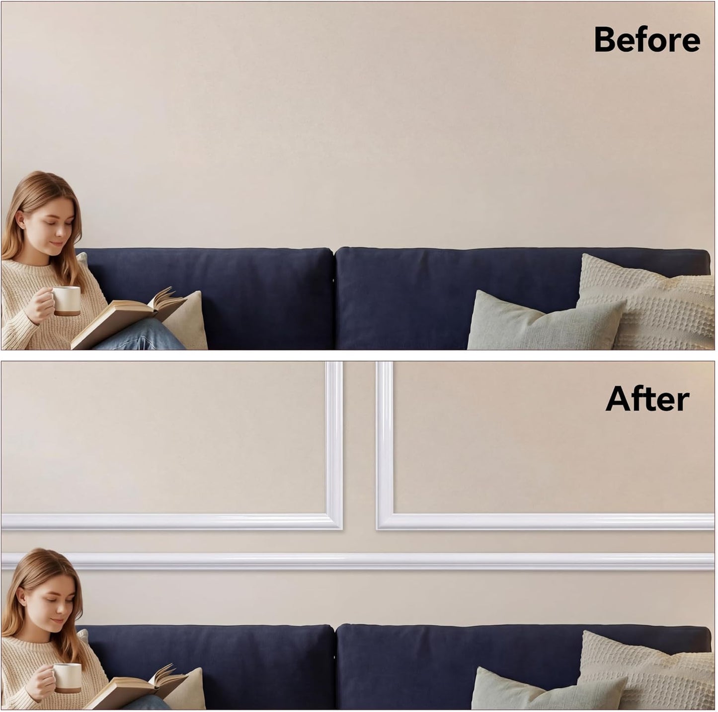 Peel and Stick Molding Chair Rail Panel Flexible Wall Decoration / 118 x 2.36 / Stylish / White