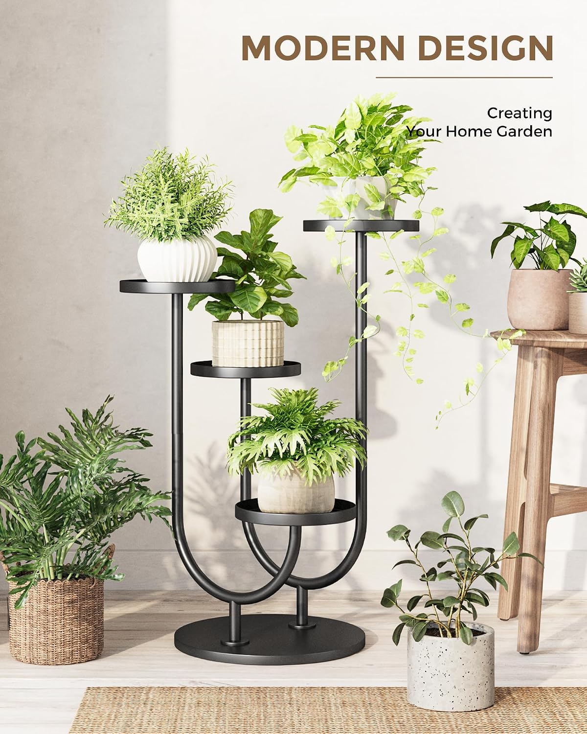 Bamworld Upgraded Outdoor Plant Stand Metal Plant Stand Indoor Corner Plant Stands 4 Pots Plant Shelf for Tall Plant
