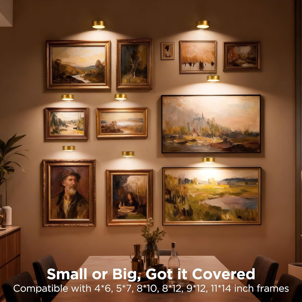 6-Pack Picture Lights for Wall, Rechargeable Cordless Poster Lights, Gold | LED Magnetic Painting Lights with
