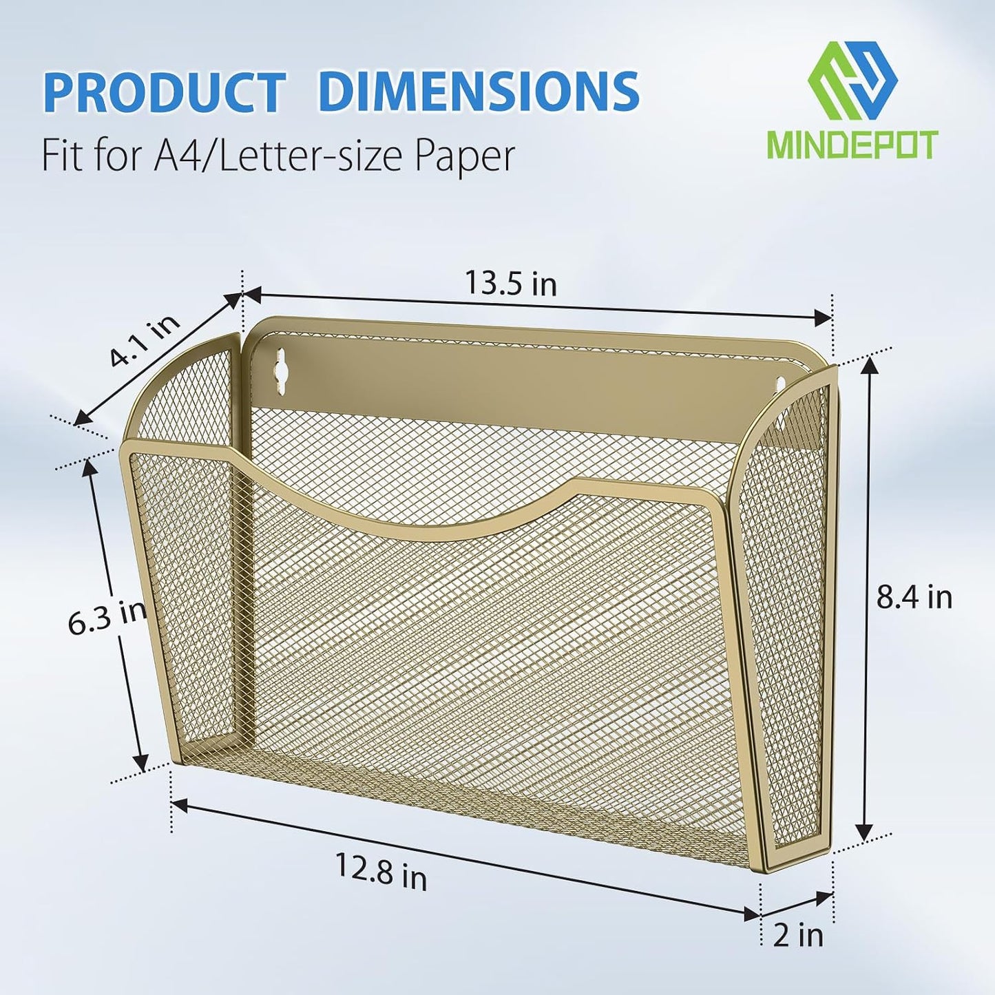 MINDEPOT Wall File Organizer, Hanging Wall File Holder, 3 Pack, Gold | Heavy Duty Iron, Metal Mesh Wall Mount, Single