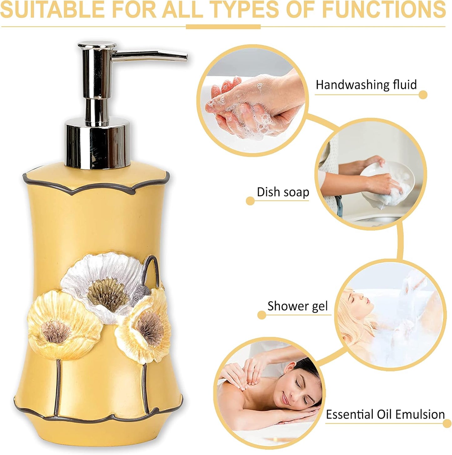 Zahari Home 4pc Poppy Fields Yellow Bathroom Accessories Set Hand Soap Dispenser, Tumbler, Tooth Brush Holder and Soap