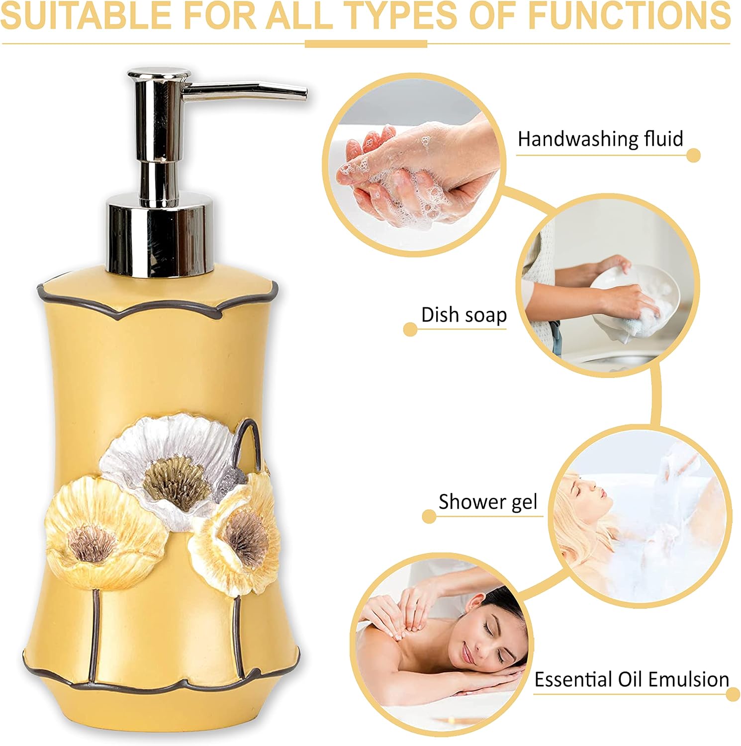 Zahari Home 4pc Poppy Fields Yellow Bathroom Accessories Set Hand Soap Dispenser, Tumbler, Tooth Brush Holder and Soap