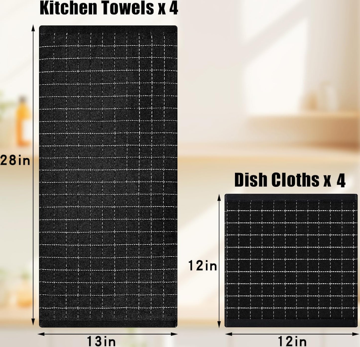 Homaxy Kitchen Towels and Dishcloths Set, Set of 12, Black | Bulk Cotton Terry Kitchen Towels, Checkered Designed, Soft