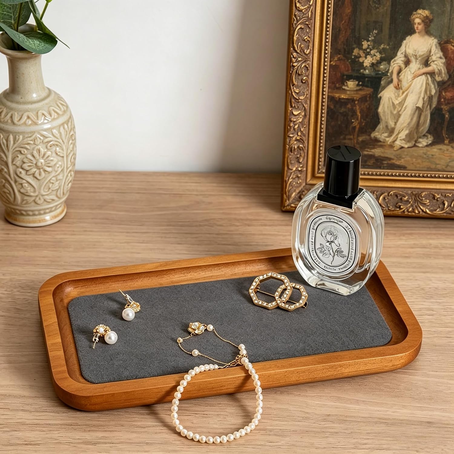 Wooden Jewelry Display Tray Rounded Rectangle Ring Showcase / Gray / Medium-w 3.9'' x H 0.6'' x L 7