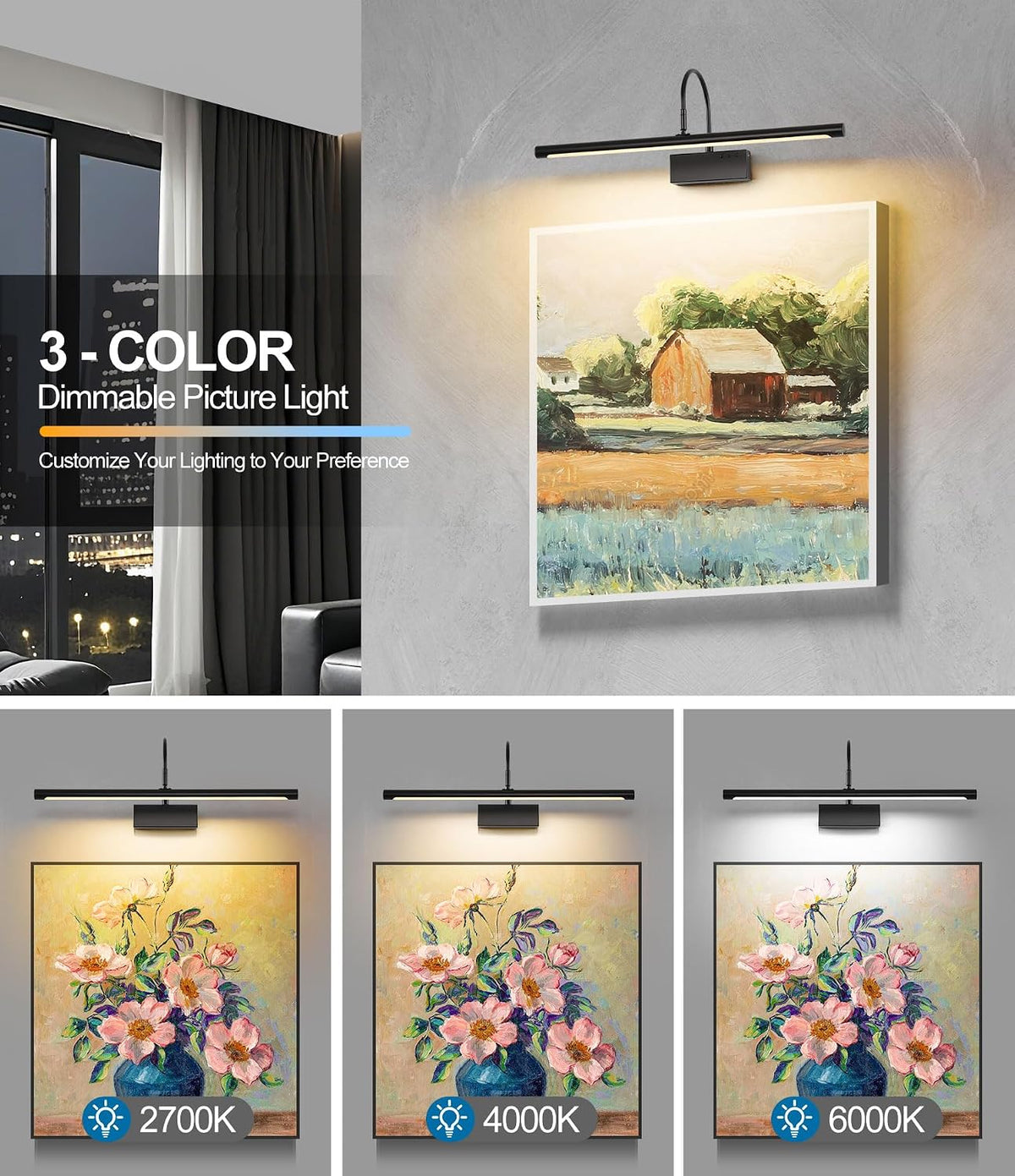 Battery Operated Picture Light with Remote, 24 inch Wireless Rechargeable Art Light with Timer, Dimmable 3CCT Gallery