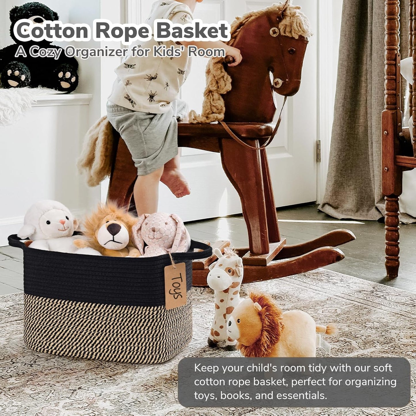 Woven Storage Basket / Black Jute / 13"L x 10"W x 9"H