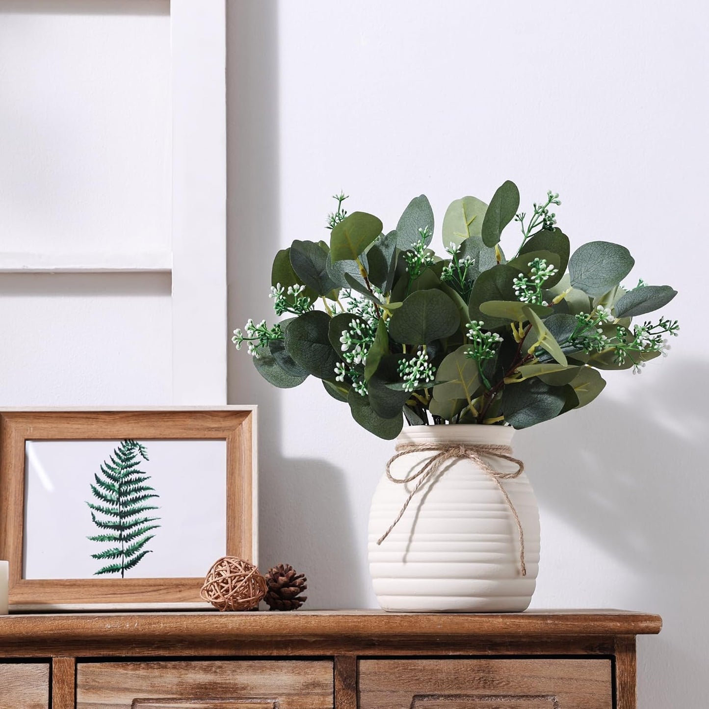 Ceramic Vase / Faux Decorative Plants / White