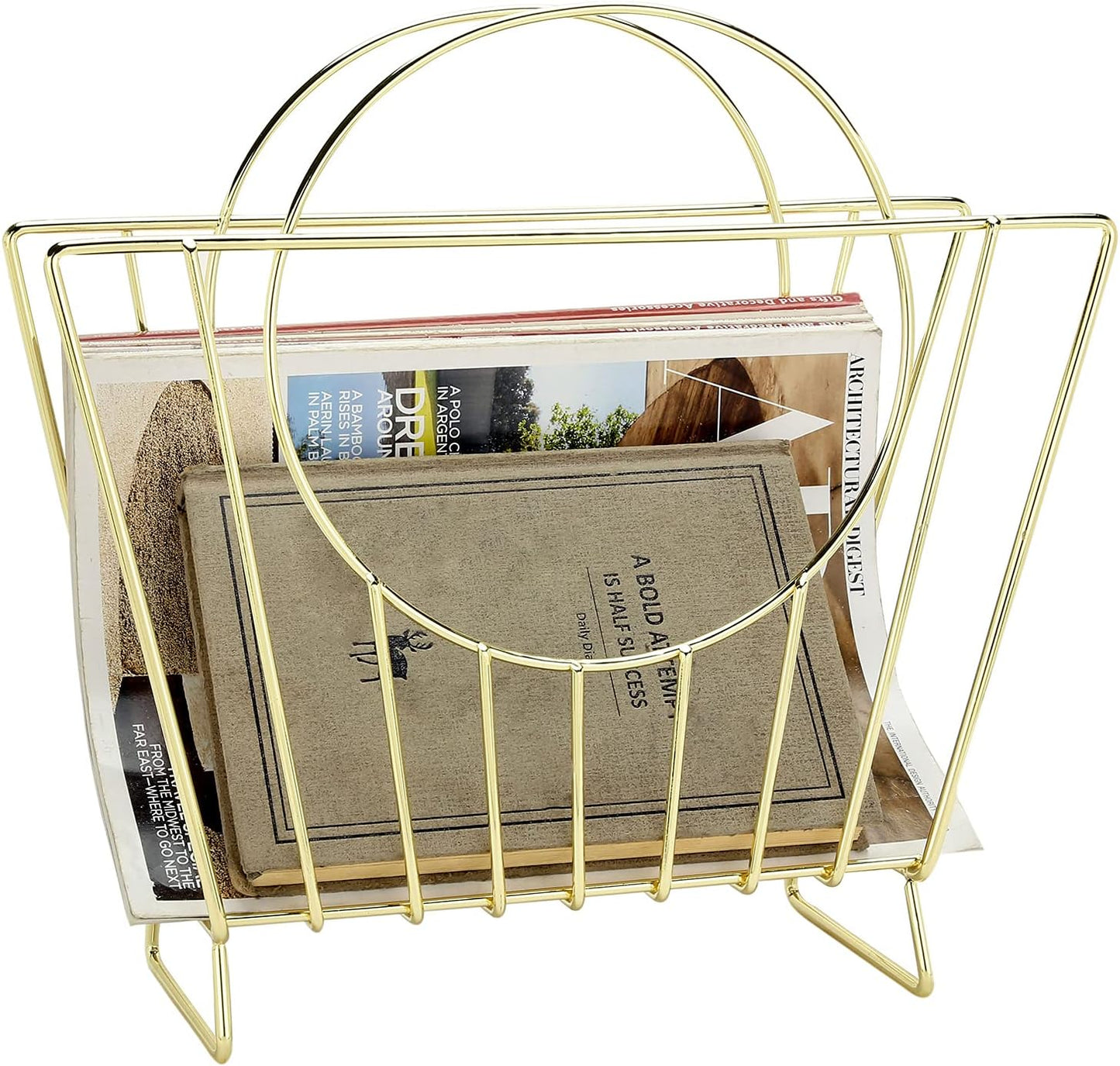 MyGift Brass Metal Magazine Holder, Mid-Century Document File Rack | Bag-inspired silhouette stores magazines, files