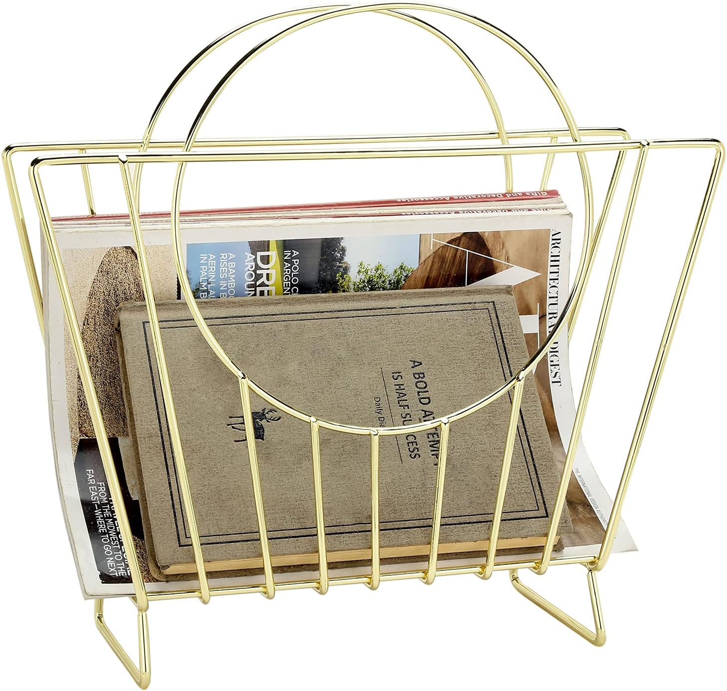 MyGift Brass Metal Magazine Holder, Mid-Century Document File Rack | Bag-inspired silhouette stores magazines, files