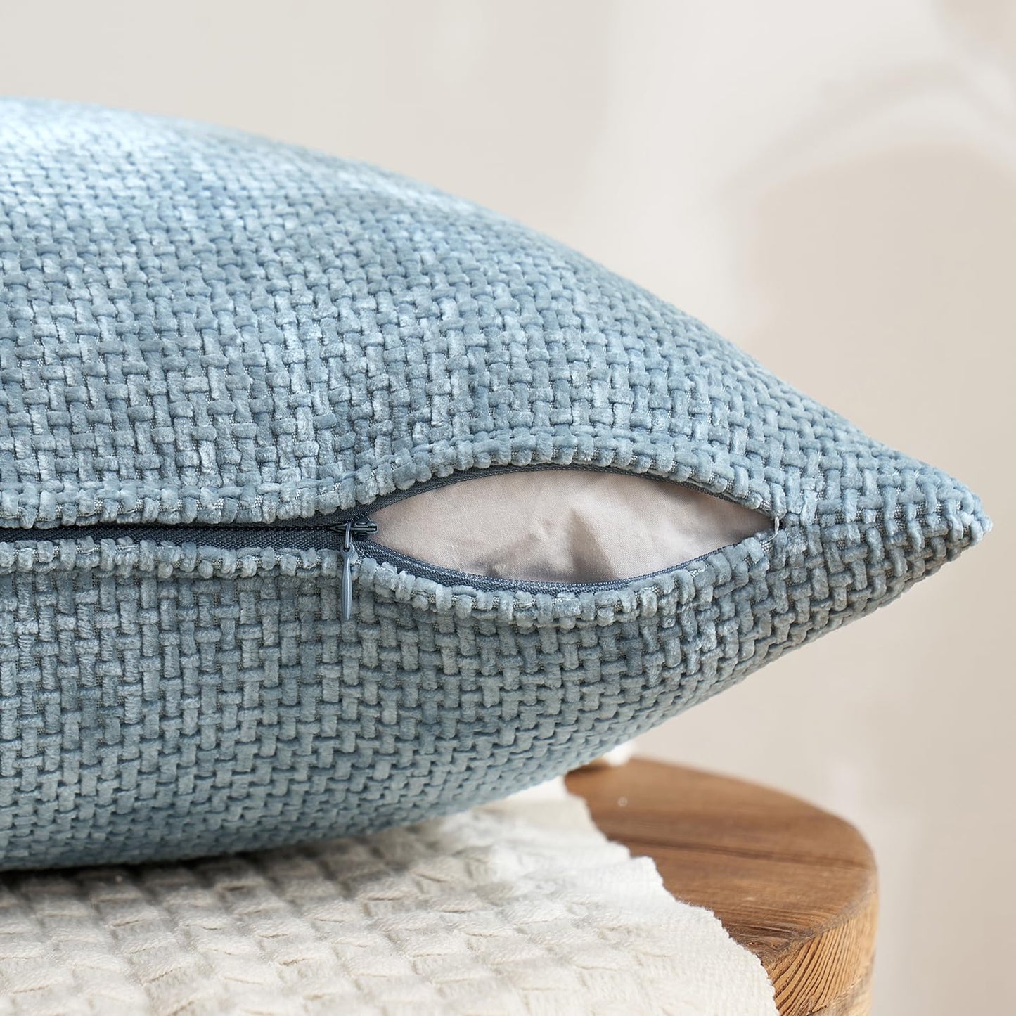 Couch Throw Pillow Covers Soft Decorative Chenille Pillow Covers / 18 x 18 / Neutral Blue / Set of 4