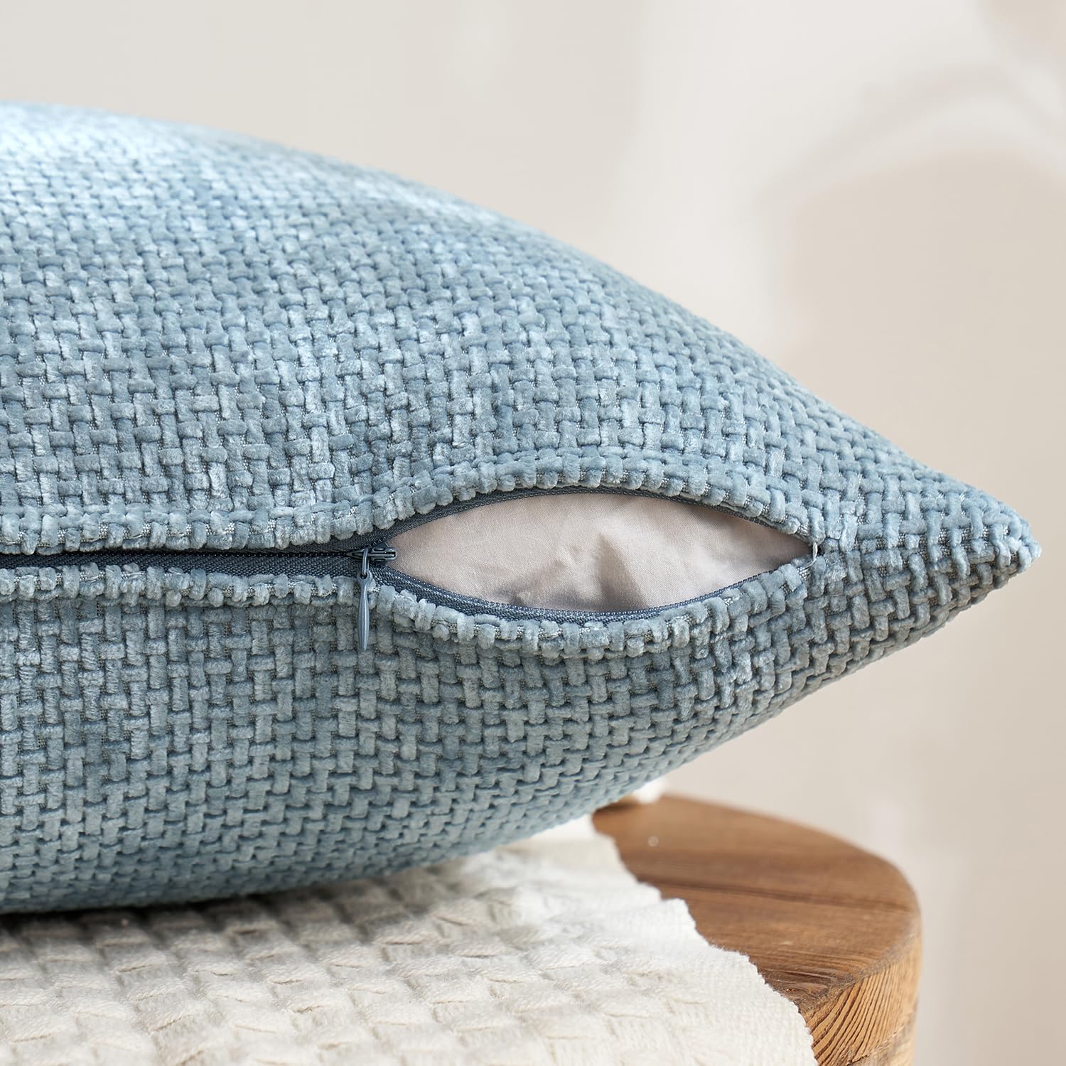 Couch Throw Pillow Covers Soft Decorative Chenille Pillow Covers / 18 x 18 / Neutral Blue / Set of 4