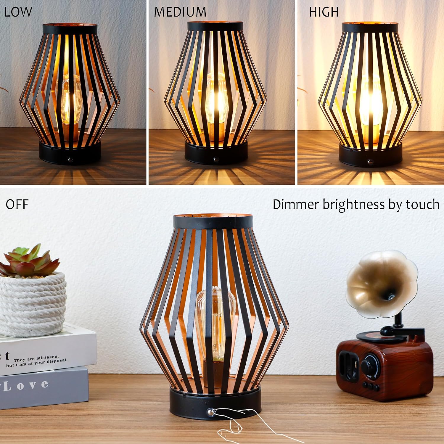 JHY DESIGN Dimmable Touch Bedside Table Lamp 8.5''H Rechargeable Metal Cage Lantern with LED Edison Style Bulb Cordless