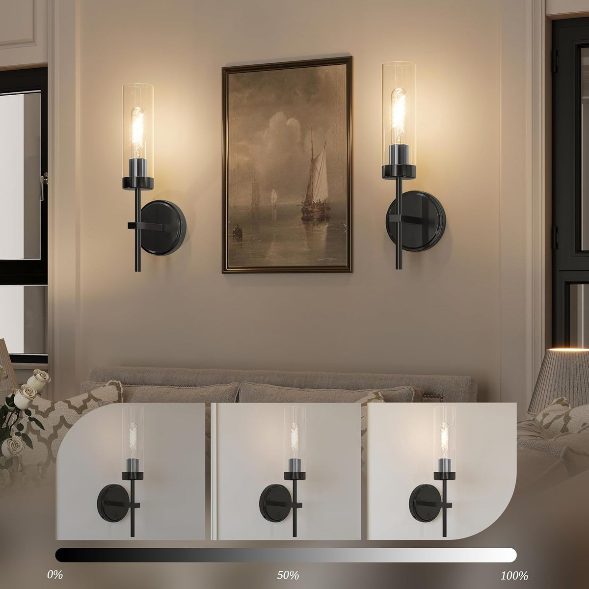 Black Battery Operated Wall Sconce, Wireless Wall Sconces with Remote Control, Rechargeable 3000K Dimmable Wall Light