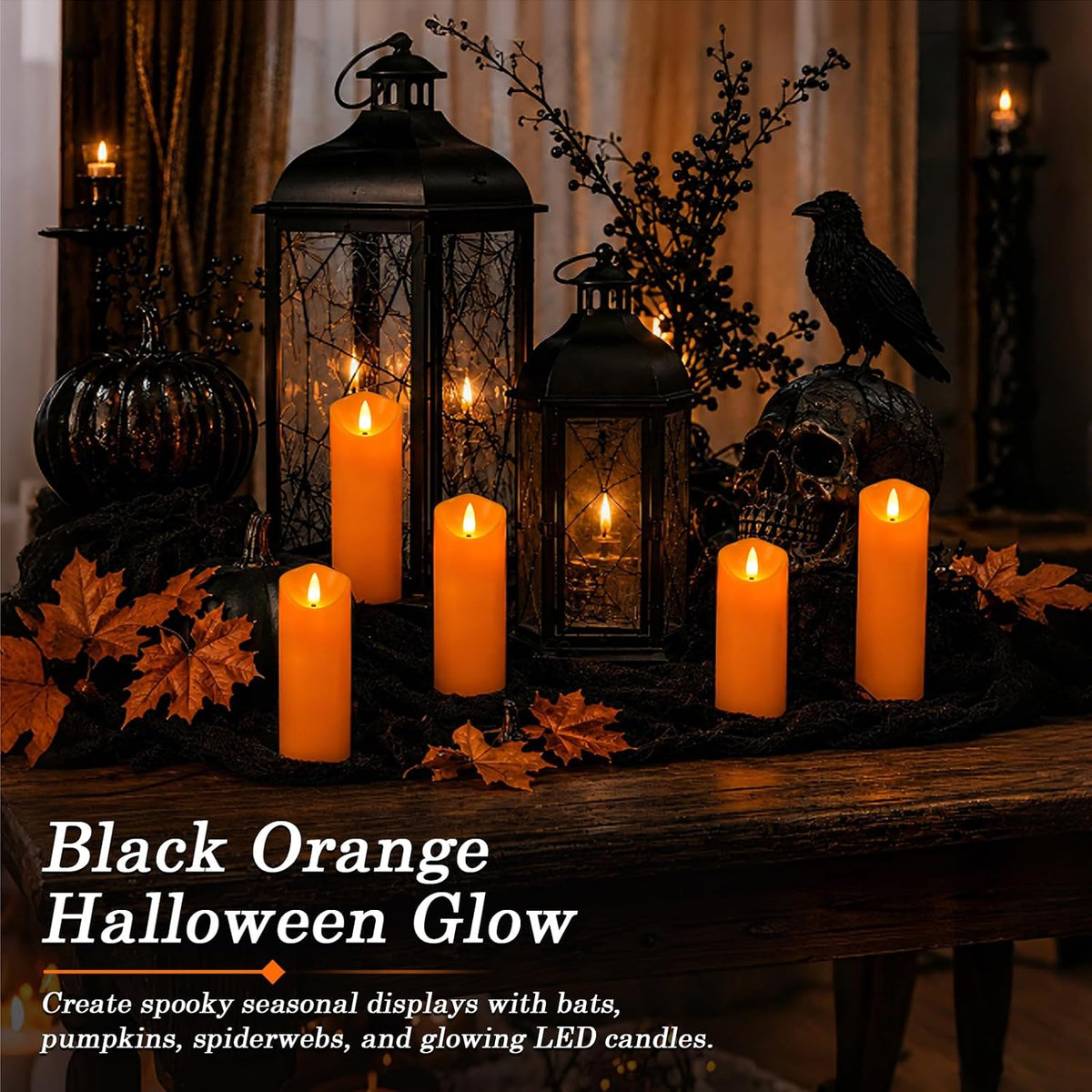 Homemory Orange Halloween Flameless Candles, Remote Timer, 9 Pack | Battery operated LED pillar candles, remote timer