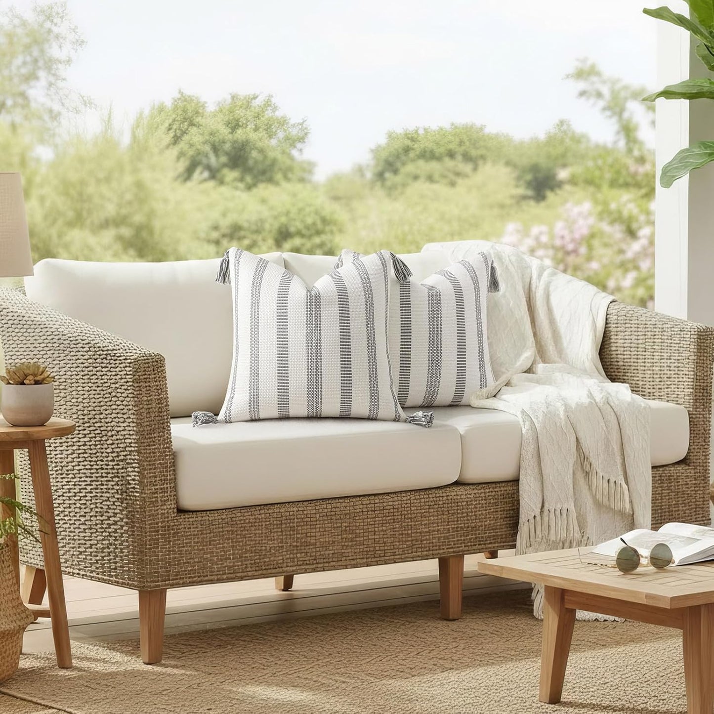 Boho Outdoor Couch Throw Pillow Covers Decorative Thick / Grey and Cream White / 20 x 20 / Set of 2
