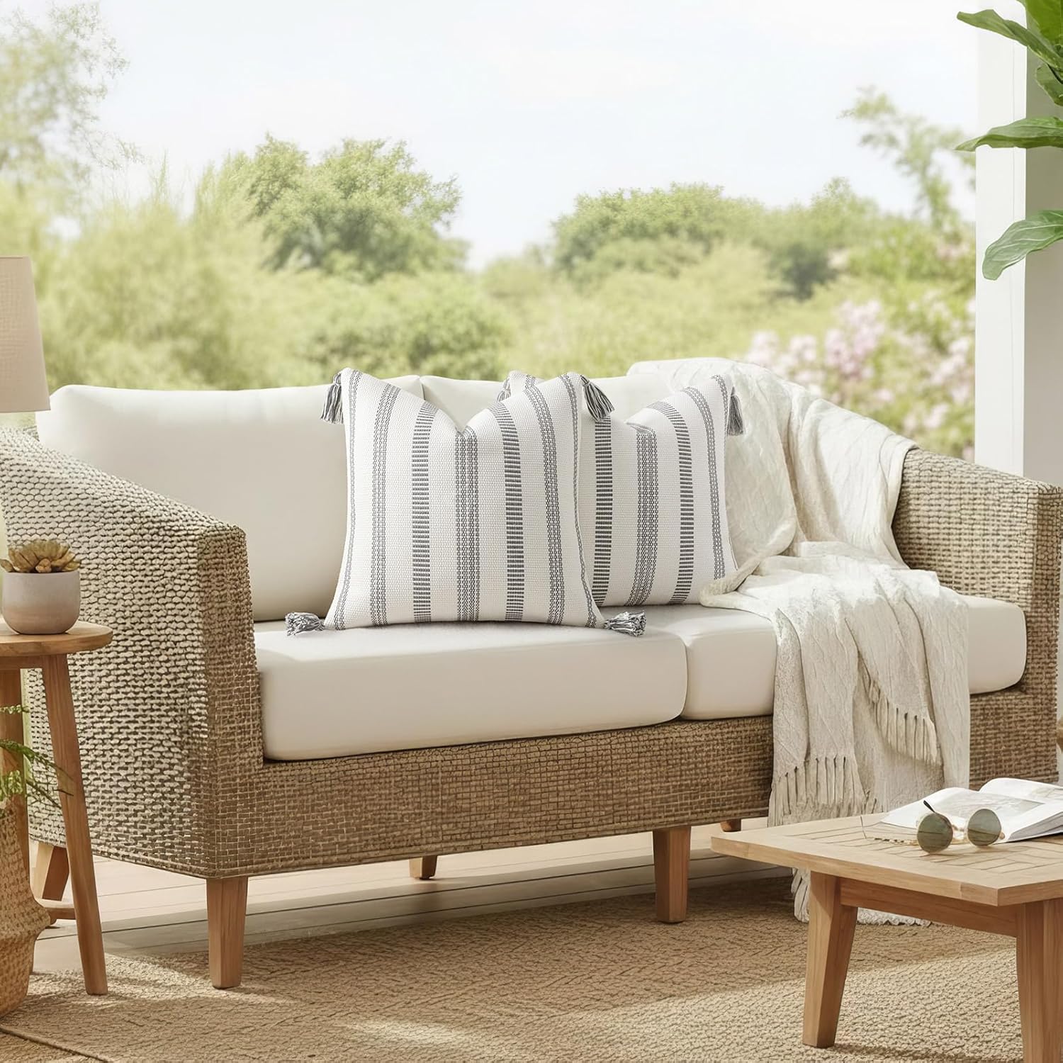 Boho Outdoor Couch Throw Pillow Covers Decorative Thick / Grey and Cream White / 20 x 20 / Set of 2