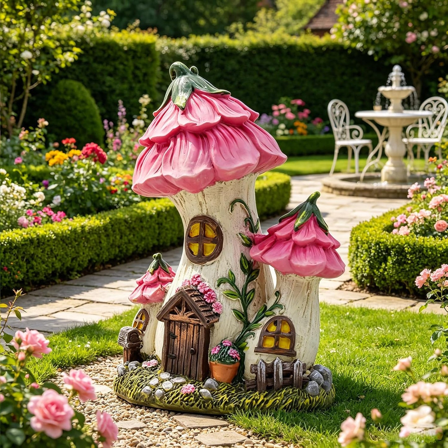 Mushroom House Fairy Garden Statue / Pink / 7.7 Inch