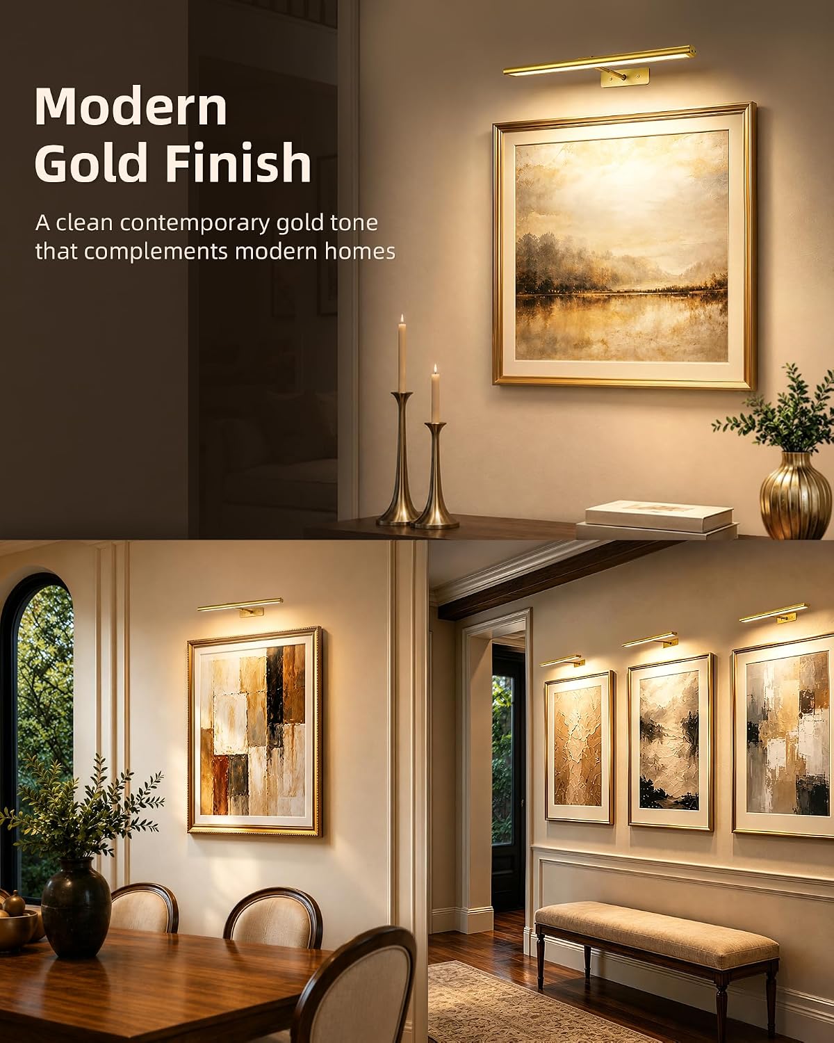 EZVALO Picture Light for Wall, 4800mAh Rechargeable Wireless Gold Light with IR Remote, Dimmable Magnetic LED Art