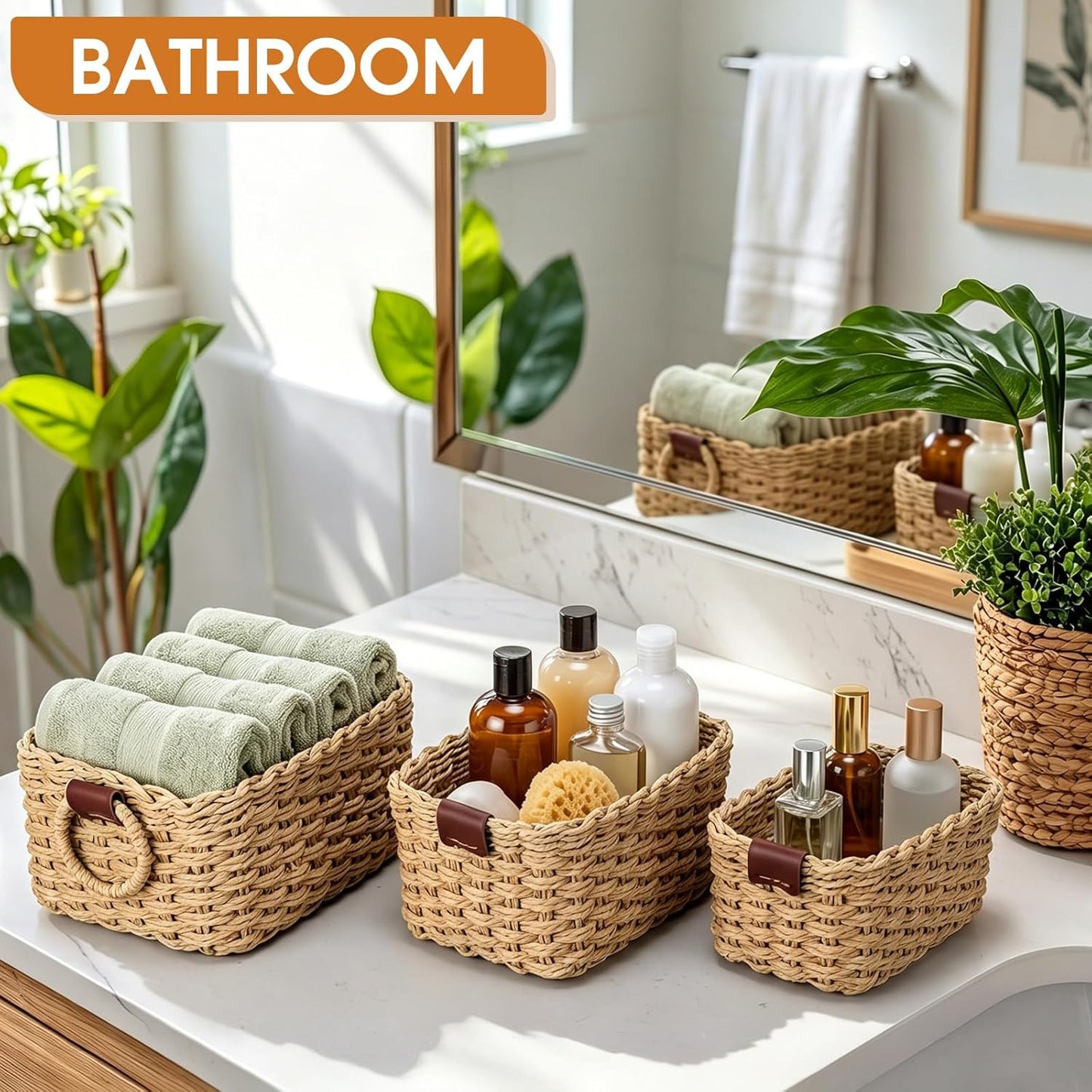Toilet Paper Storage Wicker Baskets Bathroom Counter Organizer / Paper Rope / Brown / Set of 3