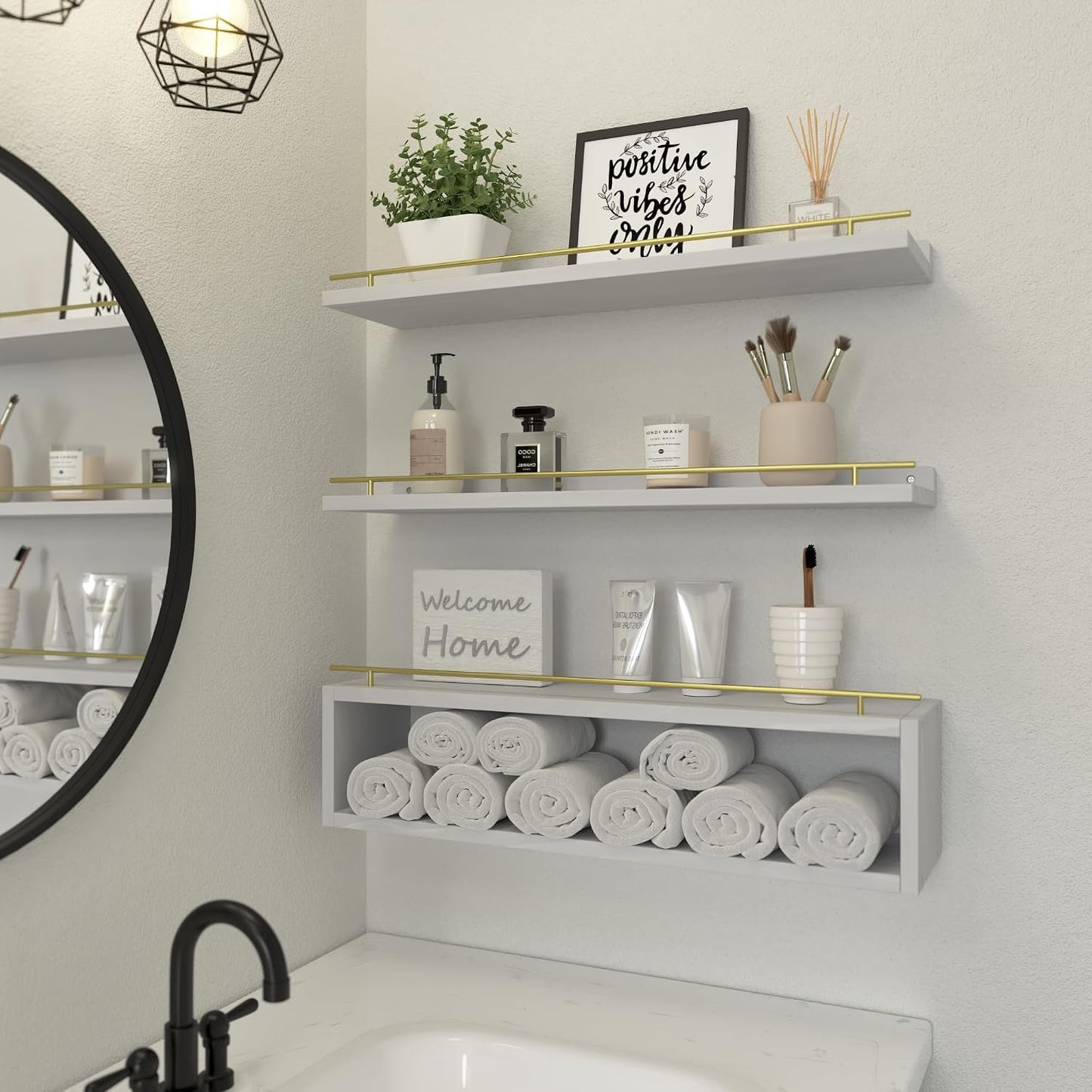 Floating Shelves for Wall 24 inch with Cube Shelf, Wall Shelves with Metal Rail for Decor, Bathroom Organizers and