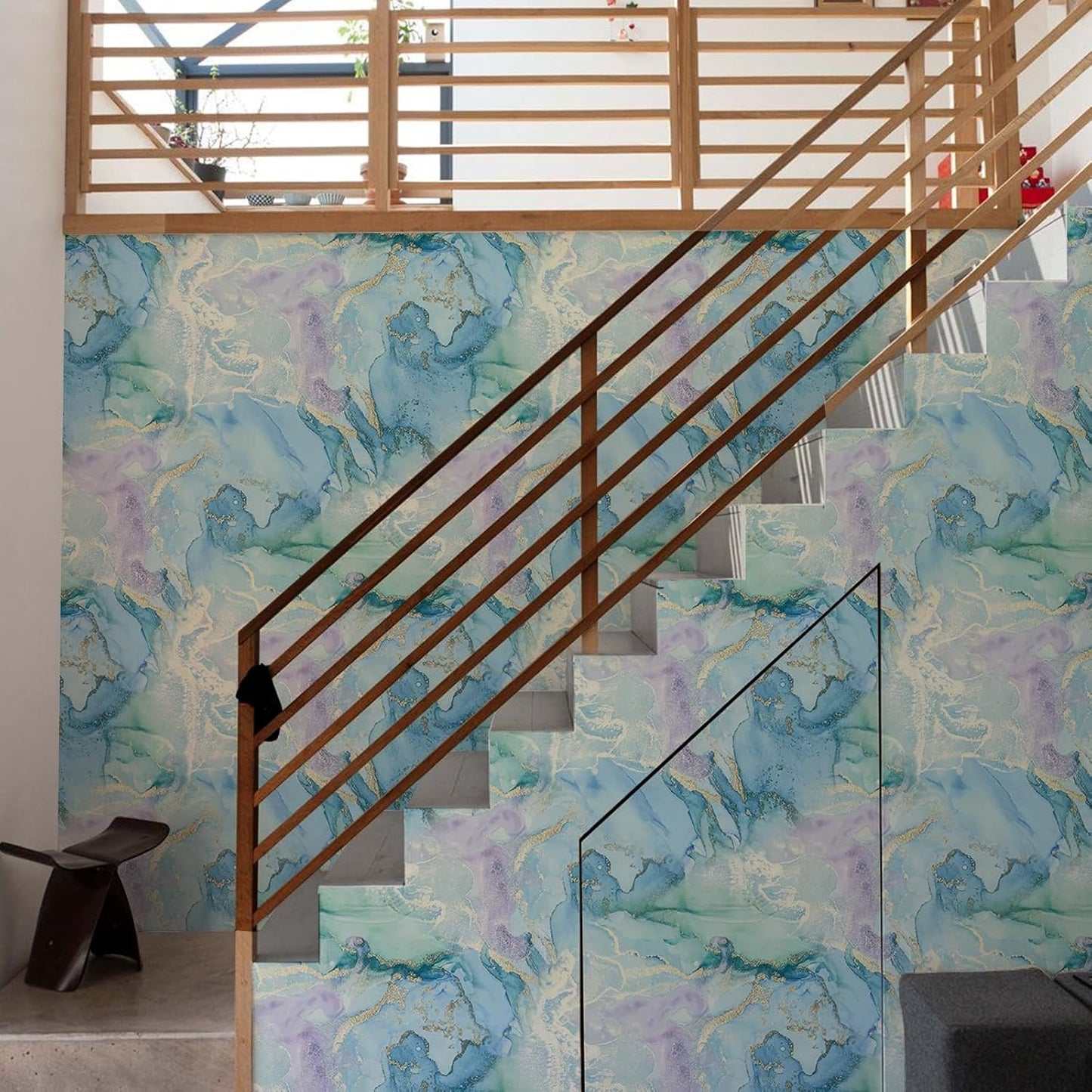 Watercolor Blue Gold Marble Peel and Stick Wallpaper Self / 17.7 x 118.1 / Mint Green and Gold