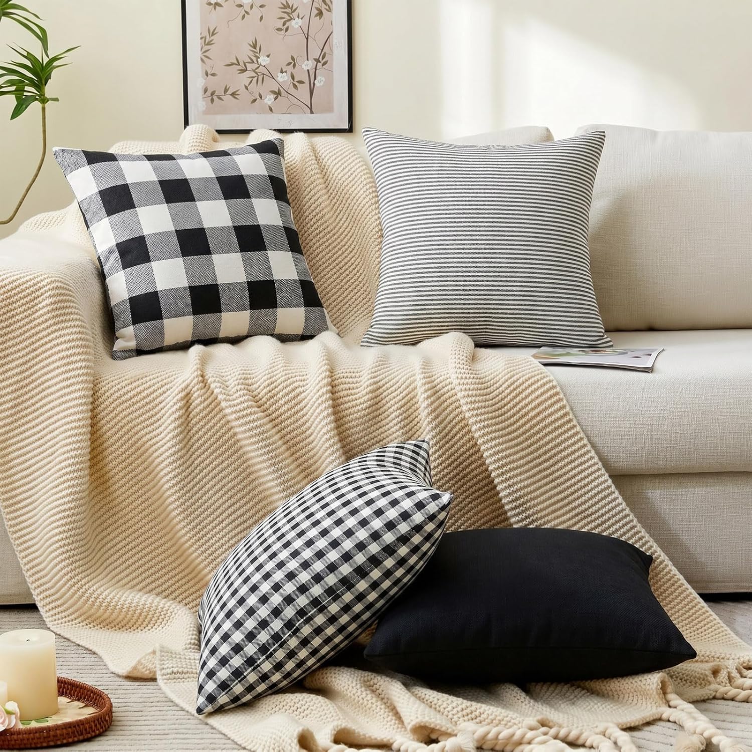 Black Plaid Throw Pillow Covers Black and White Gingham Pillow / Black Gingham / 18 x 18 / Set of 2