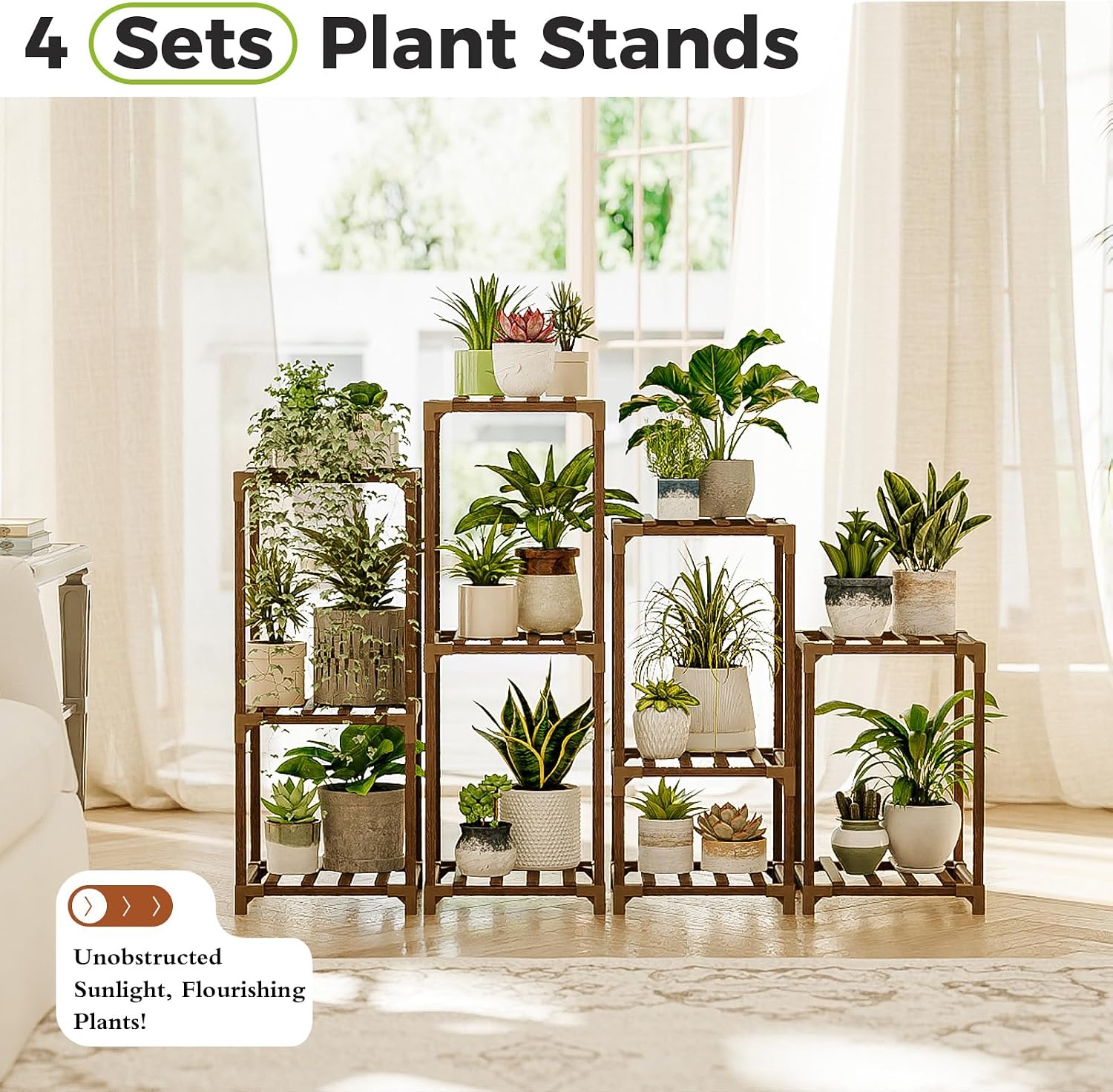 Bamworld Plant Stands Indoor 4 Sets Plant Shelves Outdoor | Wooden Plant Holder for Multiple Plants Flower Stands for