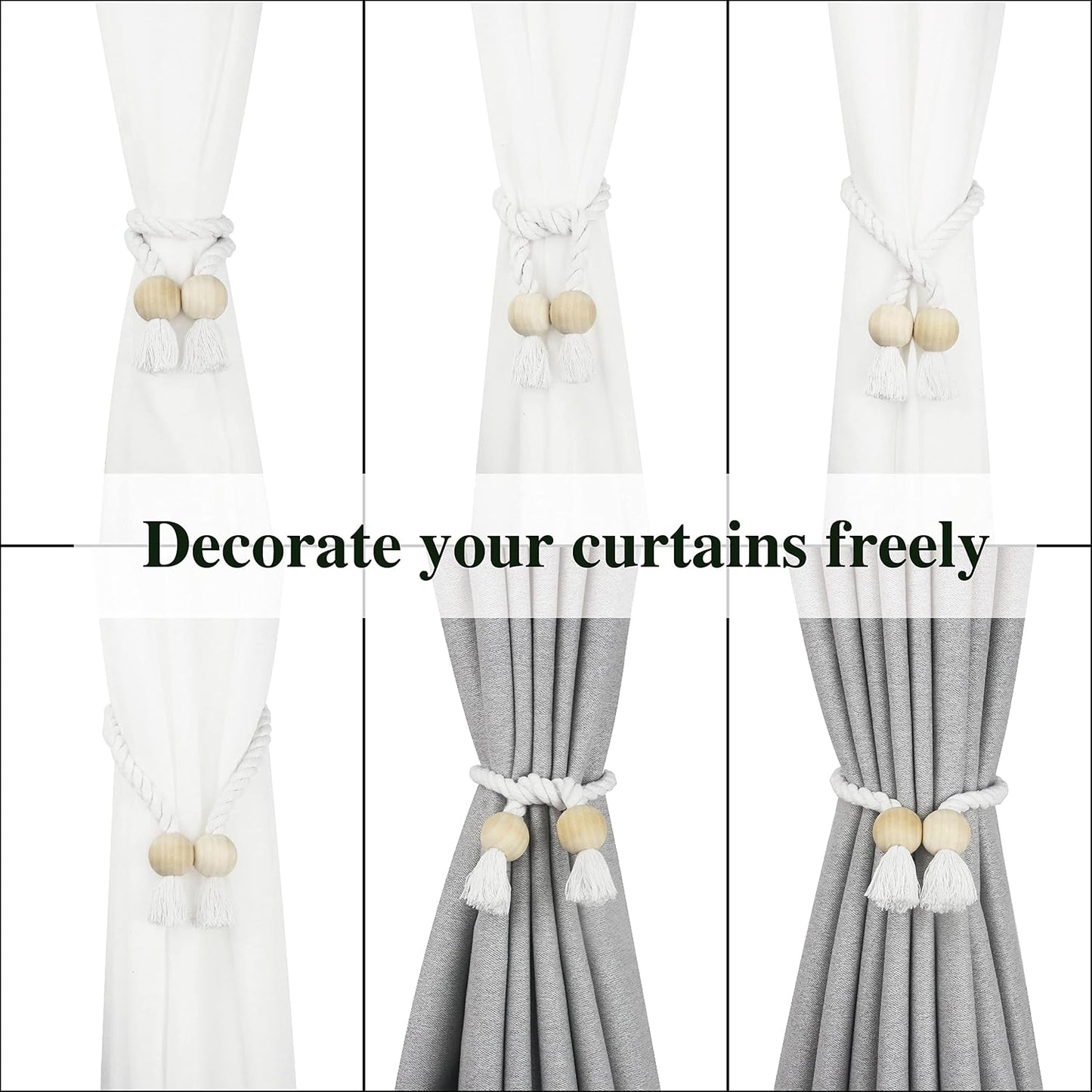 Magnetic Curtain Tiebacks Decorative Tie Back Drapes Holdbacks Nieffeiy | 6 Pack White Cotton Hand Woven Rope Curtain