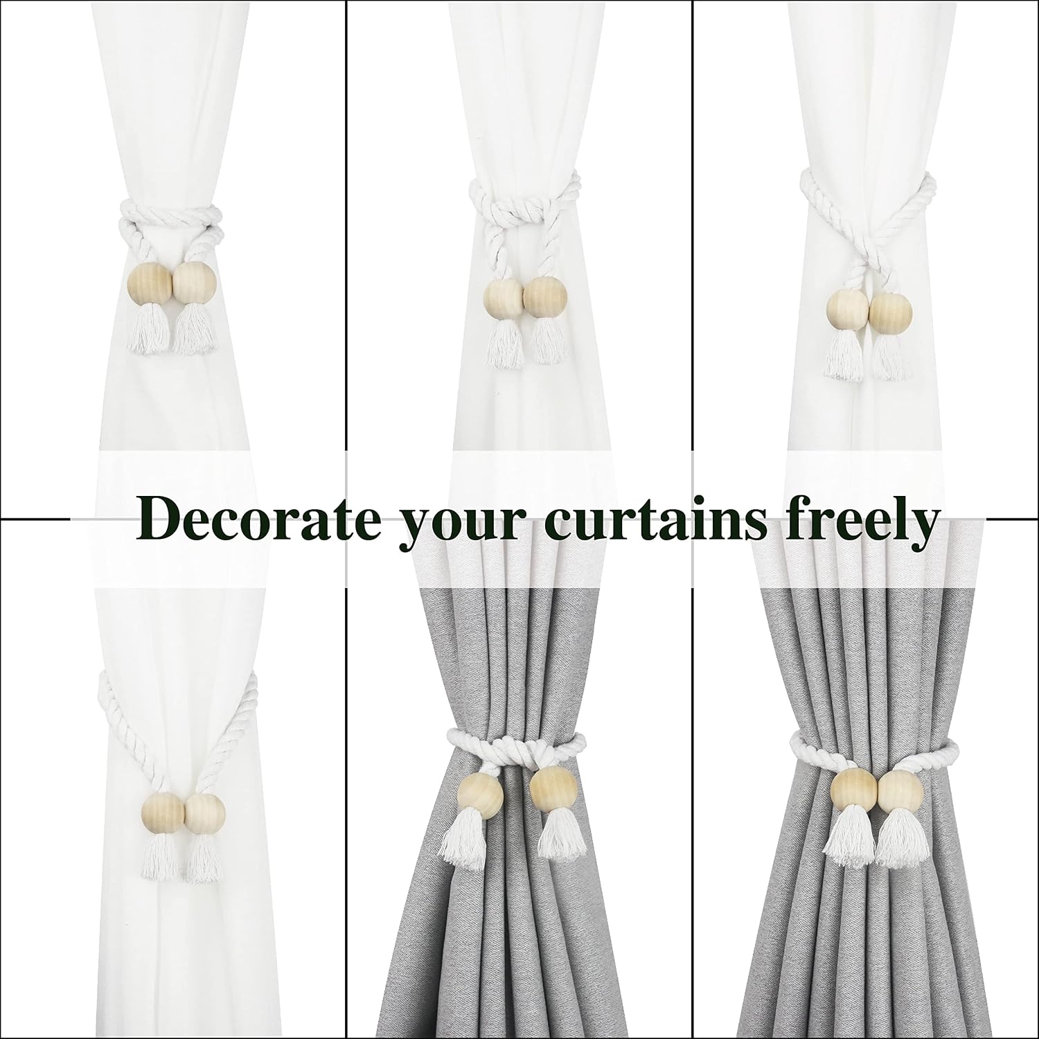 Magnetic Curtain Tiebacks Decorative Tie Back Drapes Holdbacks Nieffeiy | 6 Pack White Cotton Hand Woven Rope Curtain