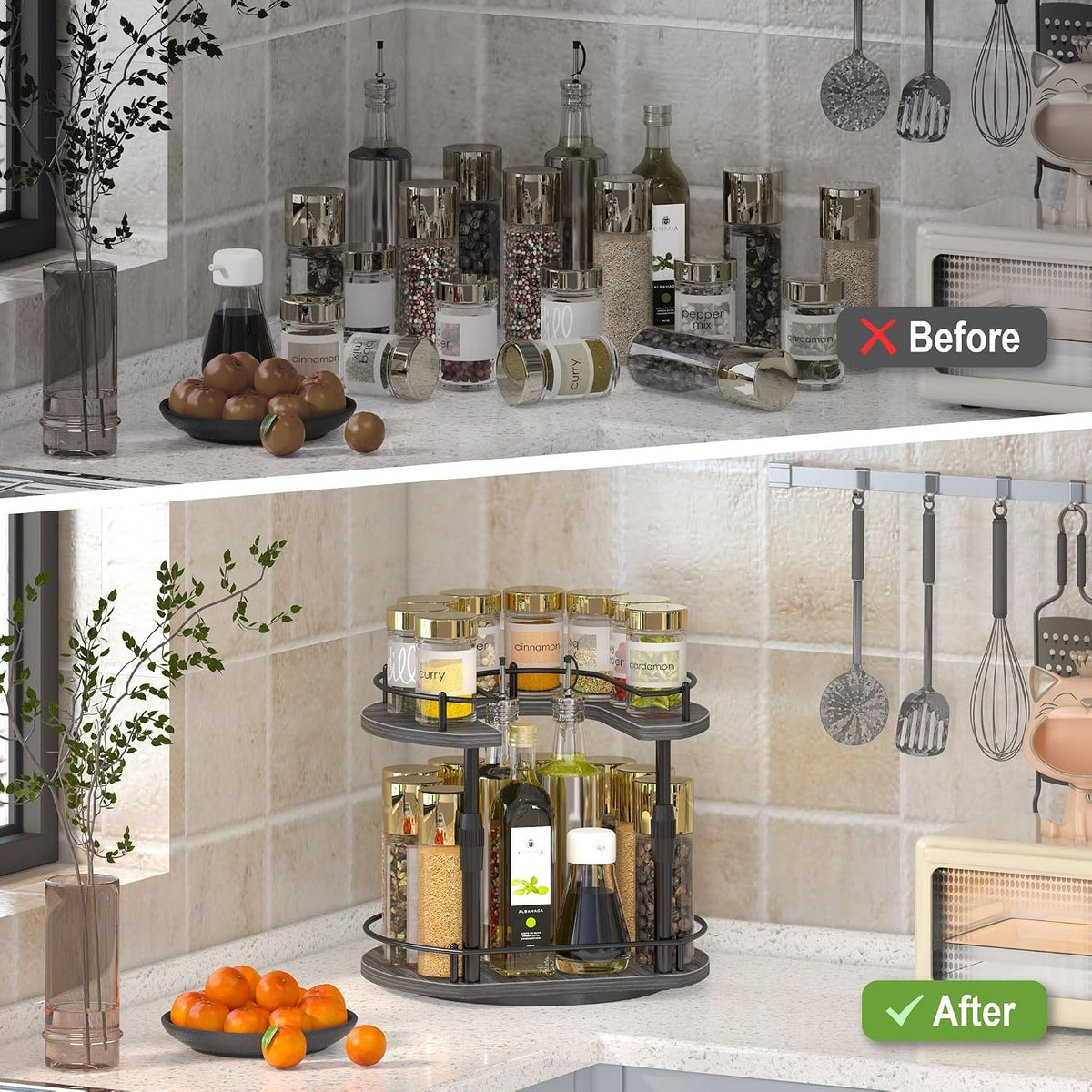Across-Star Lazy-Susan-Spice-Rack -Organizer For Cabinet With Adjustable Height, 12 inch Rotating Seasoning Holder