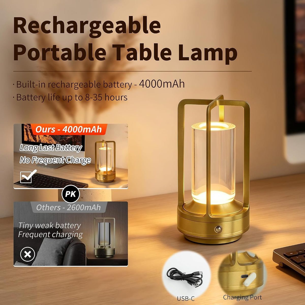 Crystal Lantern Light Outdoor Rechargeable Cordless Set of 2 Table Lamp, Touch Dimmable Battery Operated Table Light